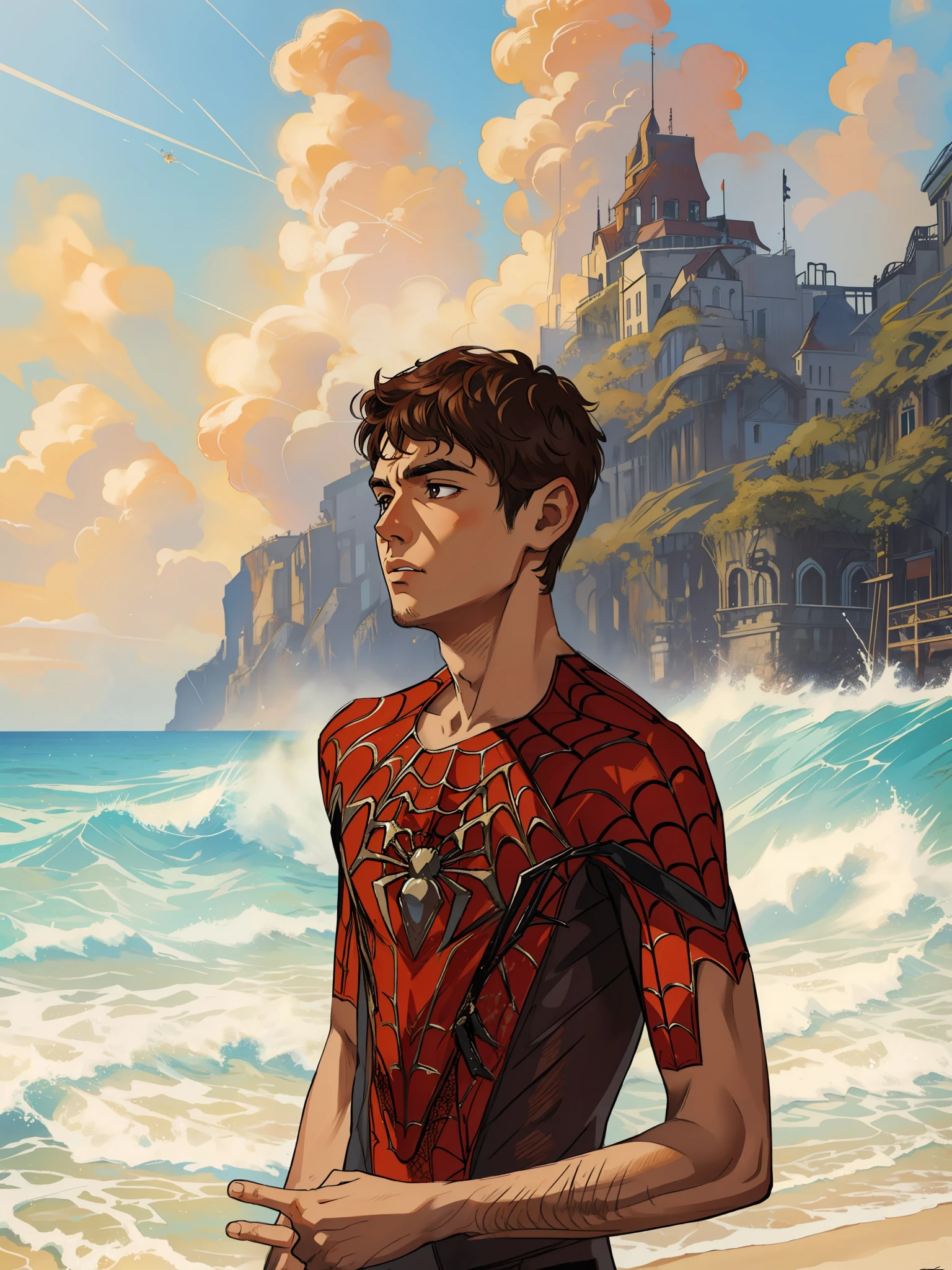 (masterpiece, best quality), intricate details, 8k, artstation, wallpaper, official art, splash art, sharp focus,
1boy, short hair, brown eyes, brown hair, 
 spider suit, spider web printing, spider web,  
beach