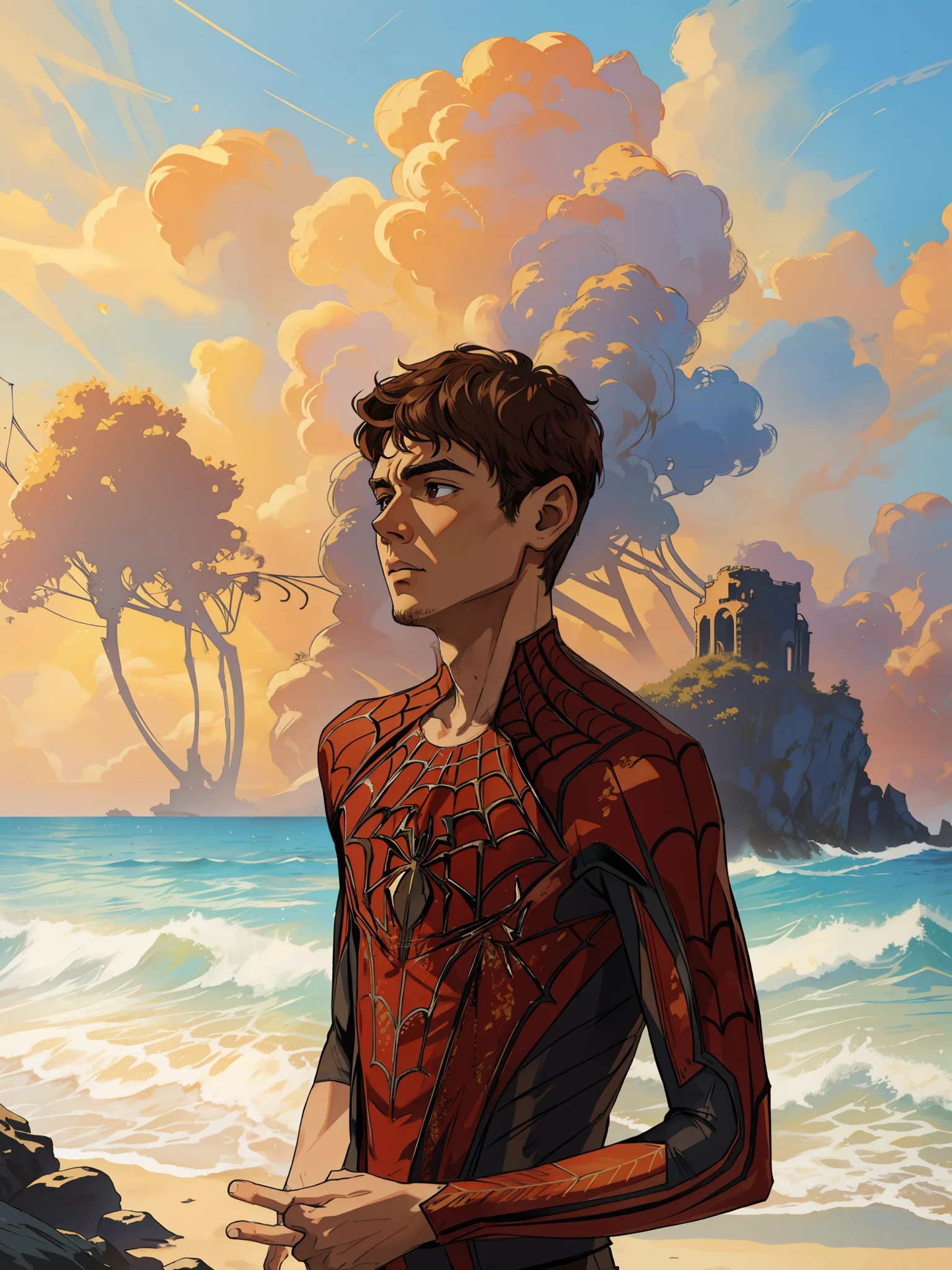 (masterpiece, best quality), intricate details, 8k, artstation, wallpaper, official art, splash art, sharp focus,
1boy, short hair, brown eyes, brown hair,
spider suit, spider web printing, spider web,
beach