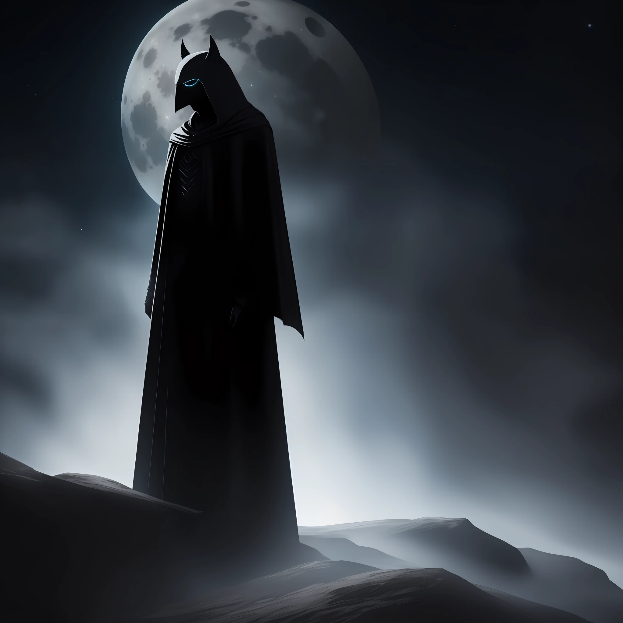 expressionless entity, black wearing a black cape in a dark and dark climate, background moon detailing its brightness, dark and dark atmosphere, art by Dreemurr Pooper