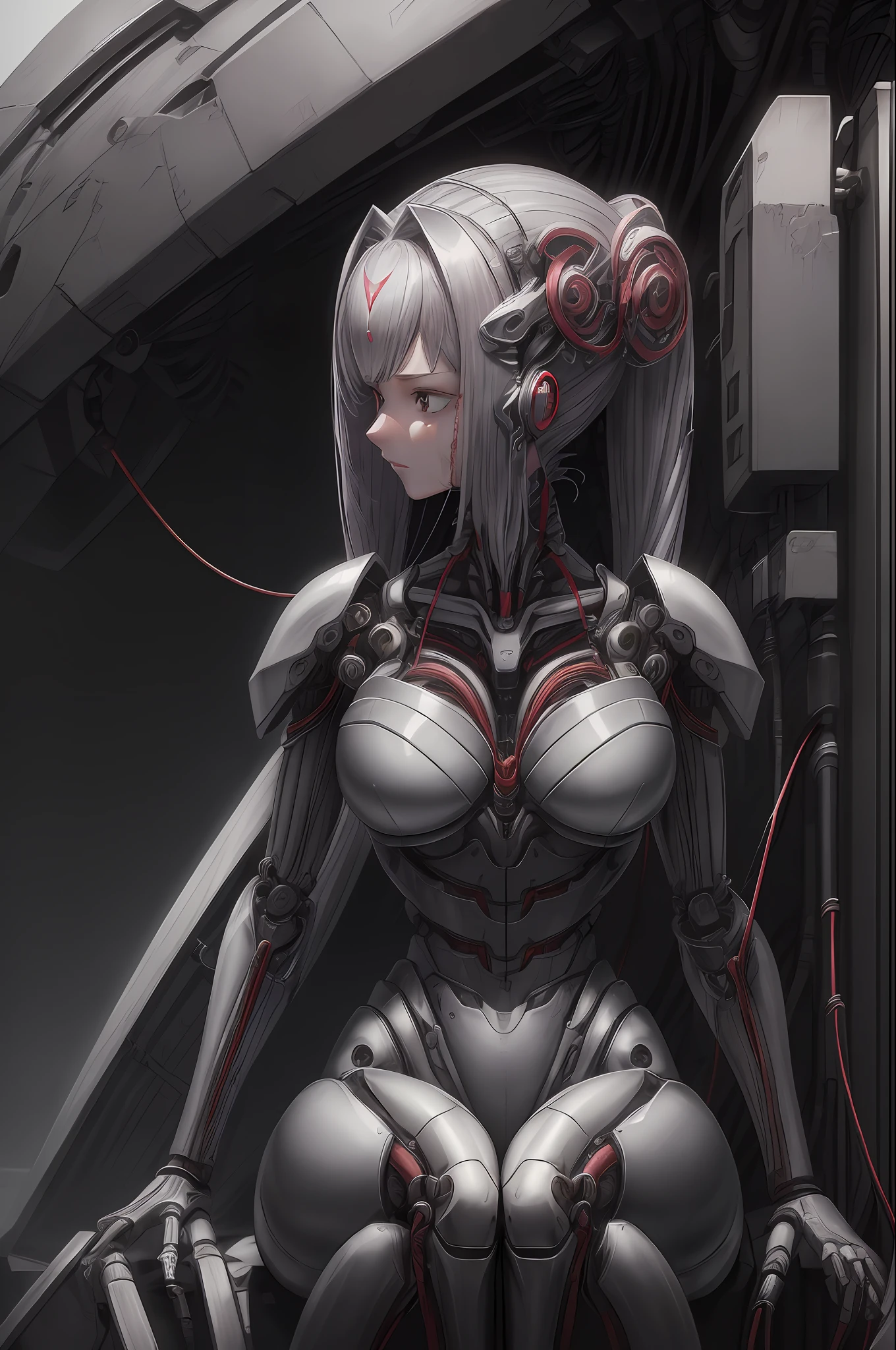 (((masterpiece))), (((best quality))), ((ultra-detailed)), (little pink silver and white), (body suit), ((perfect leg)), (highly detailed CG illustration), ((detail body: 1.2)), ((detail fingers: 1.2)) ((sexy posture: 1.3)), ((princess hair: 1.1)), ((an extremely delicate and beautiful)),(from side),cinematic light,((1mechanical girl)),solo,full body,(machine made joints:1.2),((machanical limbs)),(blood vessels connected to tubes),(mechanical vertebra attaching to back),((mechanical cervial attaching to neck)),(sitting),expressionless,(wires and cables attaching to neck:1.2),(wires and cables on head:1.2)(character focus),science fiction,extreme detailed,colorful,highest detailed