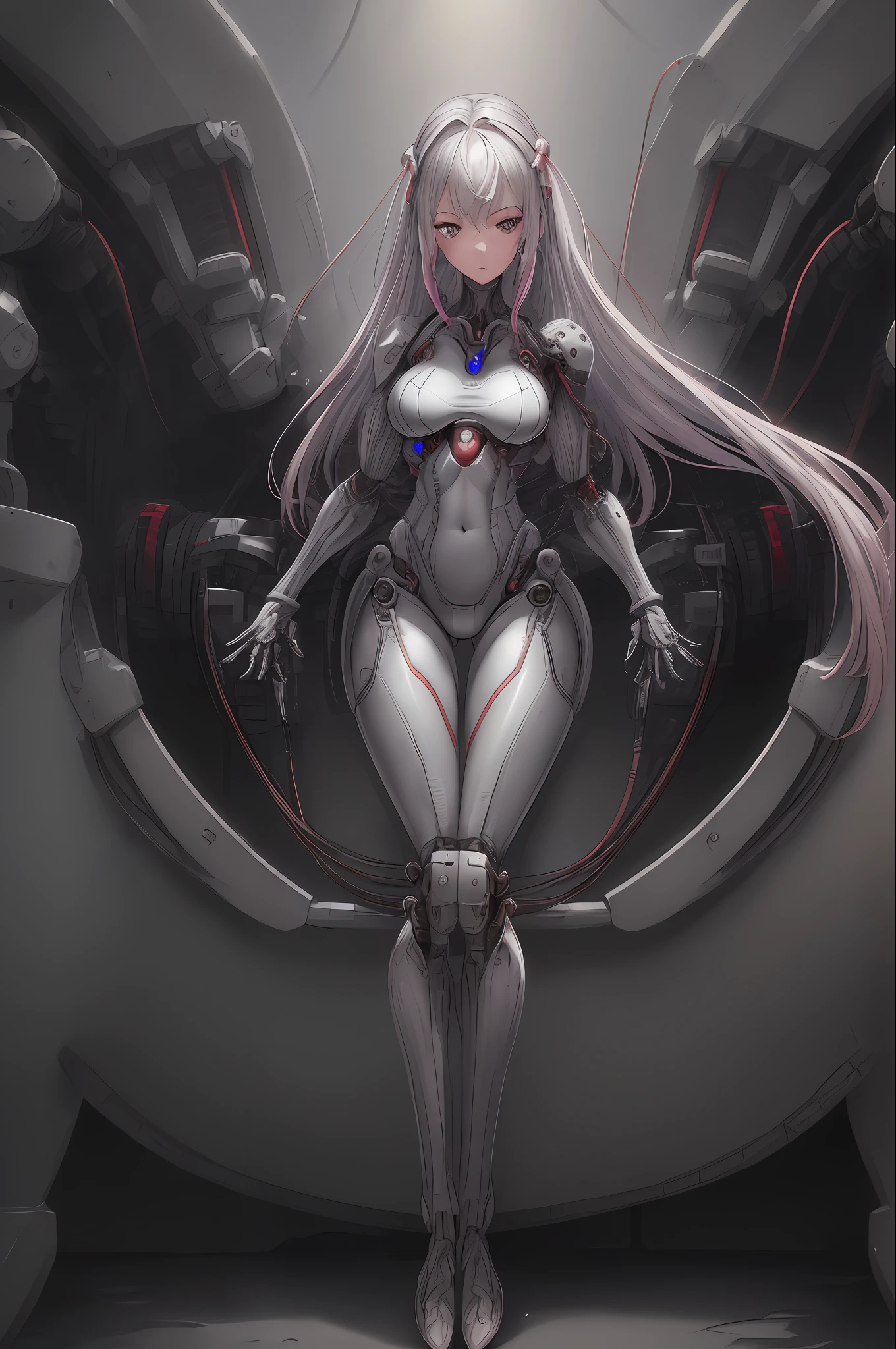 (((masterpiece))), (((best quality))), ((ultra-detailed)), (little pink silver and white), (body suit), ((perfect leg)), (highly detailed CG illustration), ((detail body: 1.2)), ((detail fingers: 1.2)) ((sexy posture: 1.3)), ((sexy face: 1.1)), ((an extremely delicate and beautiful)),(from side),cinematic light,((1mechanical girl)),solo,full body,(machine made joints:1.2),((machanical limbs)),(blood vessels connected to tubes),(mechanical vertebra attaching to back),((mechanical cervial attaching to neck)),(sitting),expressionless,(wires and cables attaching to neck:1.2),(wires and cables on head:1.2)(character focus),science fiction,extreme detailed,colorful,highest detailed