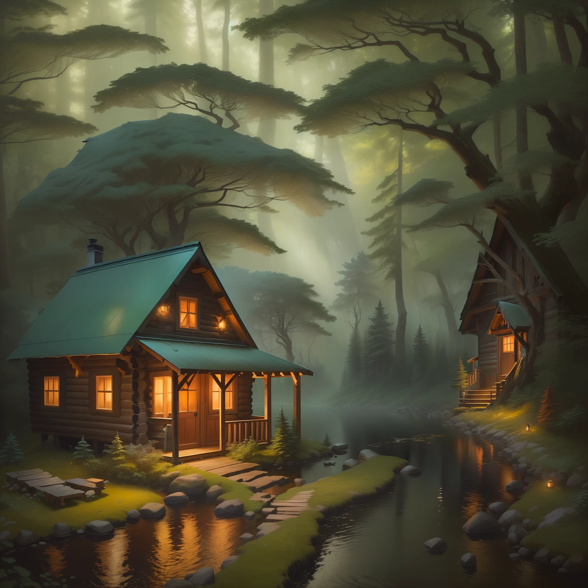 A painting of a cabin in the woods with a stream running through it ...