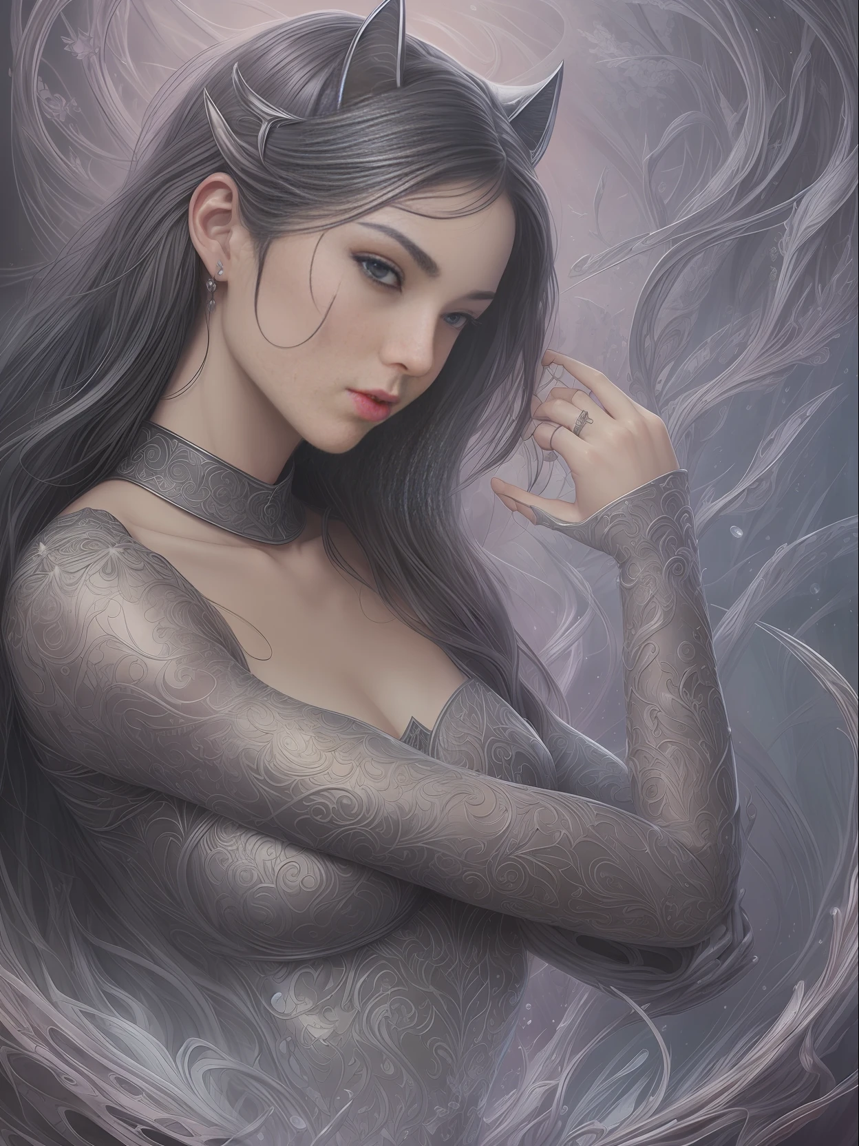 Full body portrait, beautiful fantasy Catwoman, shiny metallic jeweled depth, glowing smoke neon eyes, hoarfrost metal lace, fantasy, sunlight, sunbeam, intricate detail. 8k, dreamlike, surrealism, super cute, symmetrical, soft lighting, trending on artstation, intricate details, highly detailed, unreal engine, by ross tran, wlop, artgerm and james jean, Brian Froud, art illustration by Miho Hirano, Neimy Kanani, oil on canvas by Aykut Aydoğdu, oil painting, heavy strokes, paint dripping --auto --s2