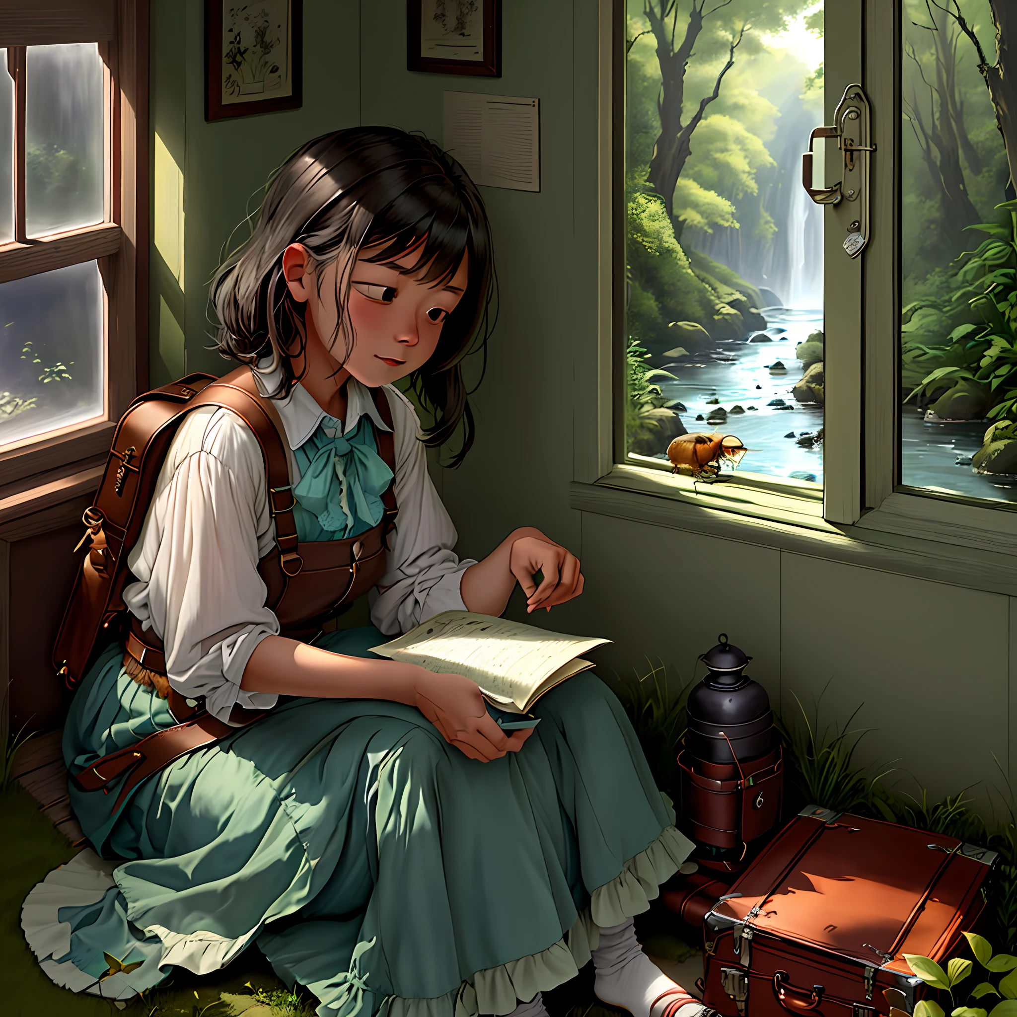 A cockroach walks slowly along the forest trail, carrying a suitcase in its hands. She seems to be very tired, probably from having walked for hours. The cockroach stops for a moment to rest, placing the suitcase on the floor and sitting down next to it.
While resting, the cockroach begins to think about the journey that led it there. She remembers leaving her home on top of a building in a bustling, noisy city in search of something new and exciting. She wanted to explore the world and see things she had never seen before.
The cockroach finally gets up and picks up the suitcase again. She continues to walk the trail, passing tall trees and colorful flowers. The fresh air of the forest seems to renew her energies and she begins to feel more excited and hopeful.
After walking for a few more minutes, the cockroach finally reaches a crystal clear stream. She sits down at the water's edge and opens the suitcase. Inside, she finds a small dollhouse that she had built very carefully.
The cockroach smiles at the sight of its creation and begins to set up the house on the soft grass beside the stream. She places furniture and decorations in each room, imagining what it would be like to live in such a beautiful and cozy home.
While working in the dollhouse, the cockroach realizes that it has found exactly what it was looking for: peace and tranquility in a beautiful and quiet place. She feels happy and satisfied to have made the trip, and promises to come back whenever she needs a little peace and quiet.