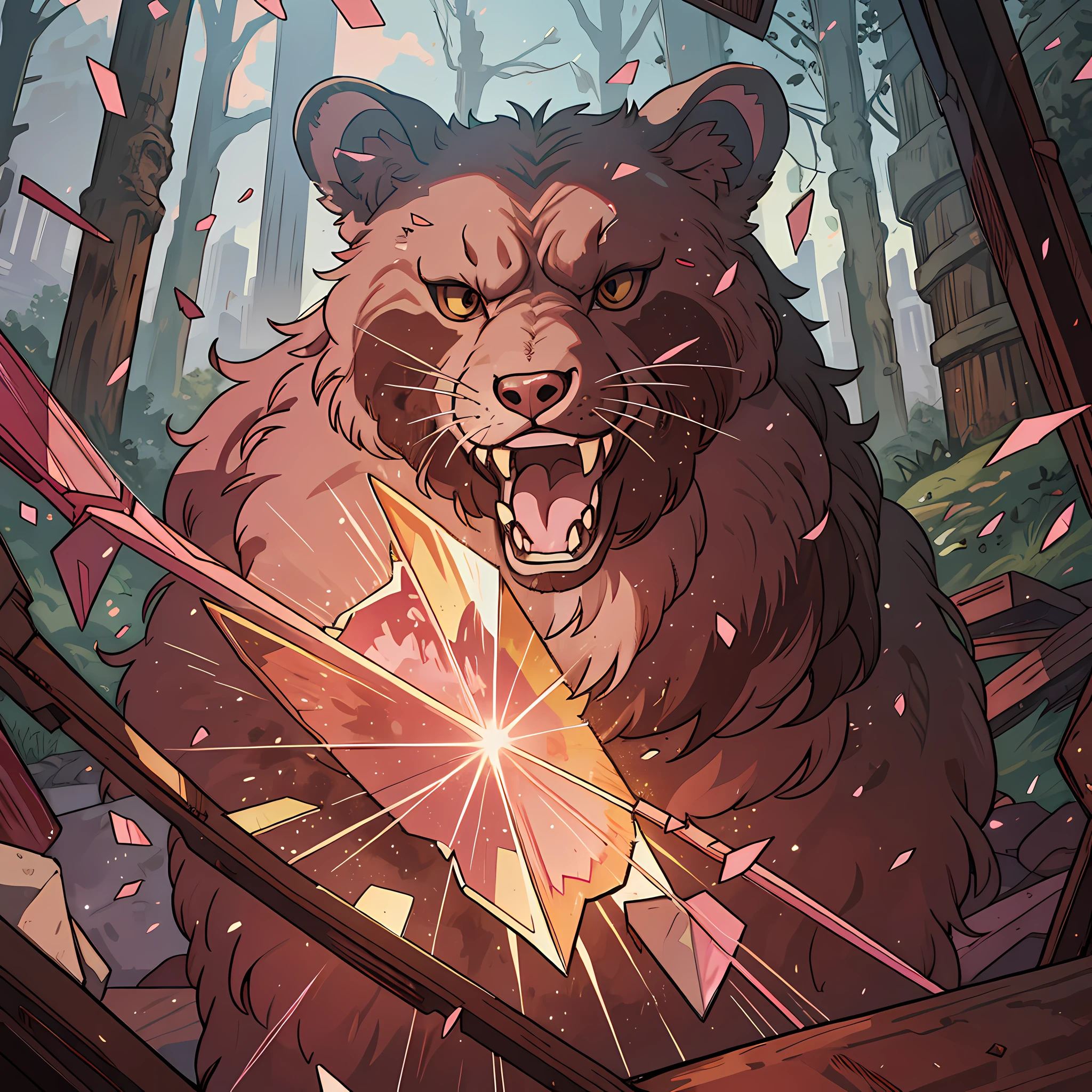 curly fur pink and brown bear angry roaring, mirror shards glass breaking