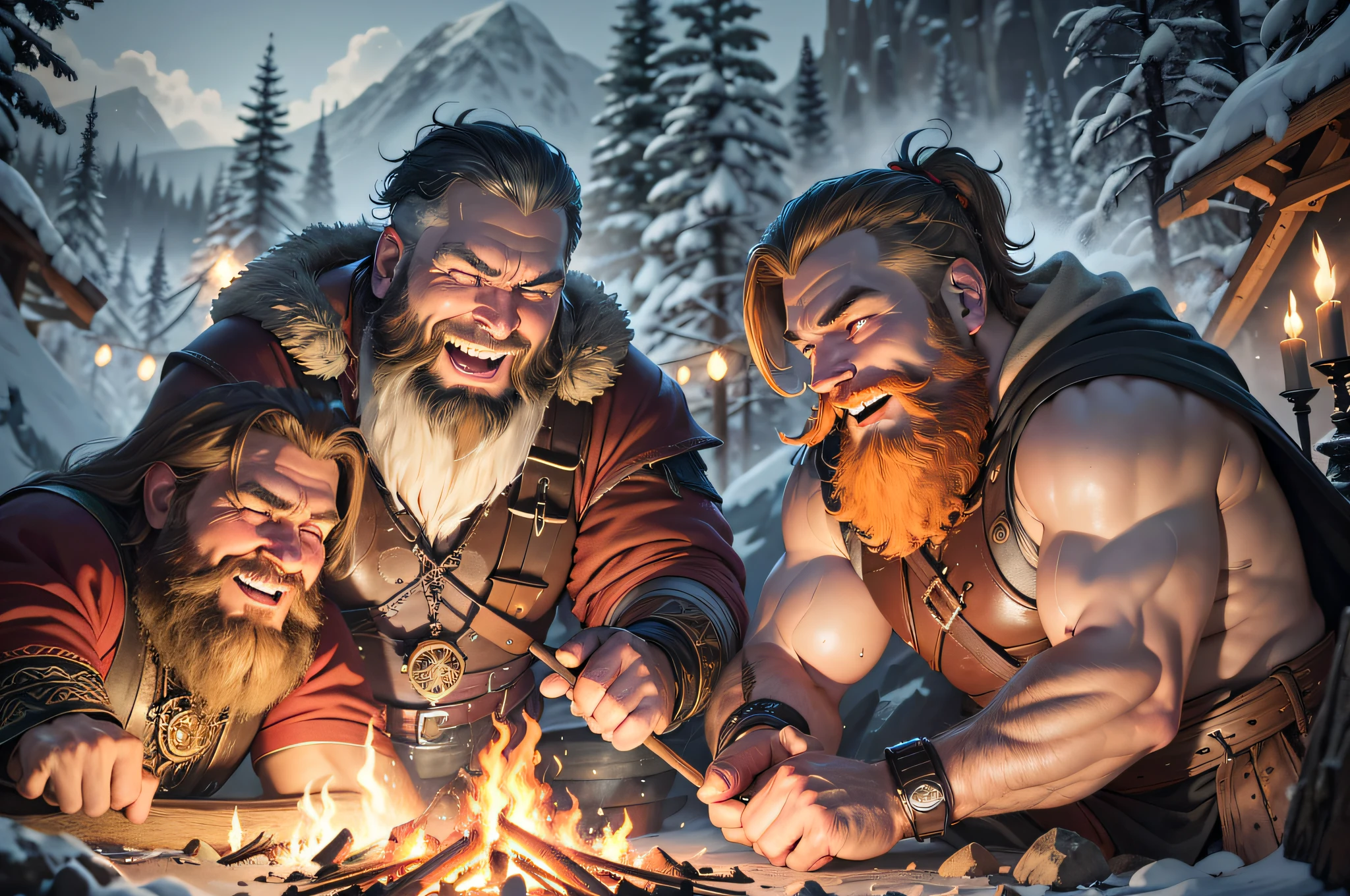 The dwarven brothers Grimrik, Haldrik and Orin gathered around a campfire in the depths of the Twilight Mountains. Grimrik, with his bushy beard, infectious laughter and funny stories, drew laughter from the group. Haldrik, of imposing strength and friendly smile, teased his companions with humorous jokes. Orin, the youngest, shy but shrewd, brown hair. The flames danced, highlighting the striking features and cheerful expressions of the dwarves. Around the campfire, complicity, friendship and laughter filled the air, strengthening the bonds between them to face future challenges., high detail, Conceptual art, cinematic lighting, motion blur, drop shadow, Hasselblad, diffraction spikes, close-up, UHD, masterpiece, anatomically correct, textured skin, best quality, high quality, 1080P, 8k