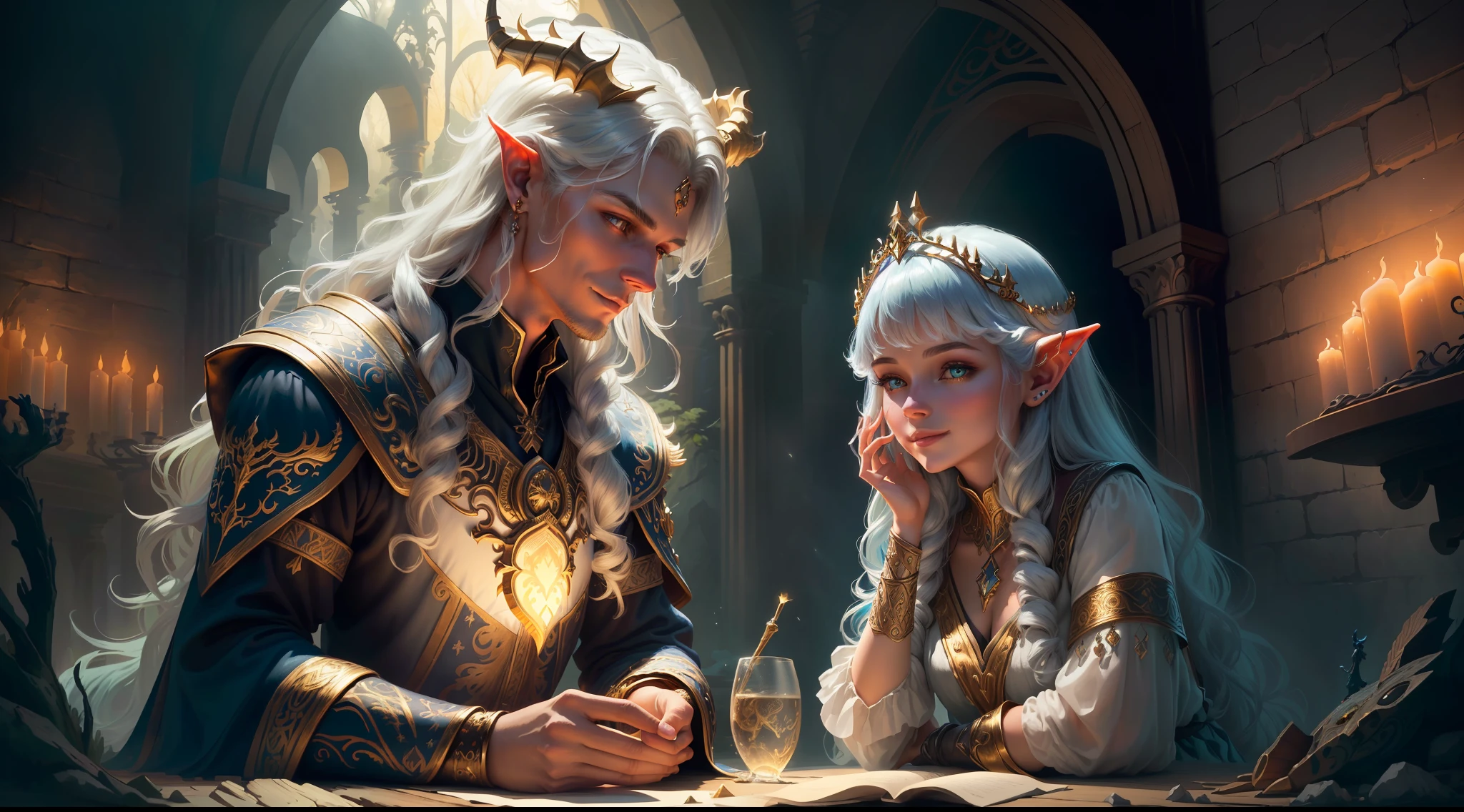 best quality, masterpiece, masterpiece portrait, intricate details, epic light, fantasy, dragons and dungeons, retro, priest, dark elf, 1 girl,2 boys, wooden table, tavern, gray skin, elegant smile, strabismus, close-up portrait of a Mycenaean woman doll with gold jewelry, spider: 0.9, net: 1.0, fantasy, volumetric lighting, concept art, brush stroke style, art station, trend, very detailed, art by Greg Rutkowsk, Amidst a realm of enchantment and mythical wonders, fantasy setting, magical creatures, ethereal beauty, majestic landscapes, shimmering forests, cascading waterfalls, ancient ruins, radiant sunlight, mystical atmosphere, vibrant colors, mystical beings, mythical creatures, fairies, unicorns, dragons, celestial skies, floating islands, hidden realms, whimsical architecture, spellbinding charm, sparkling crystals, gentle breeze, captivating aurora, wisps of magic, ethereal glow, awe-inspiring vistas
