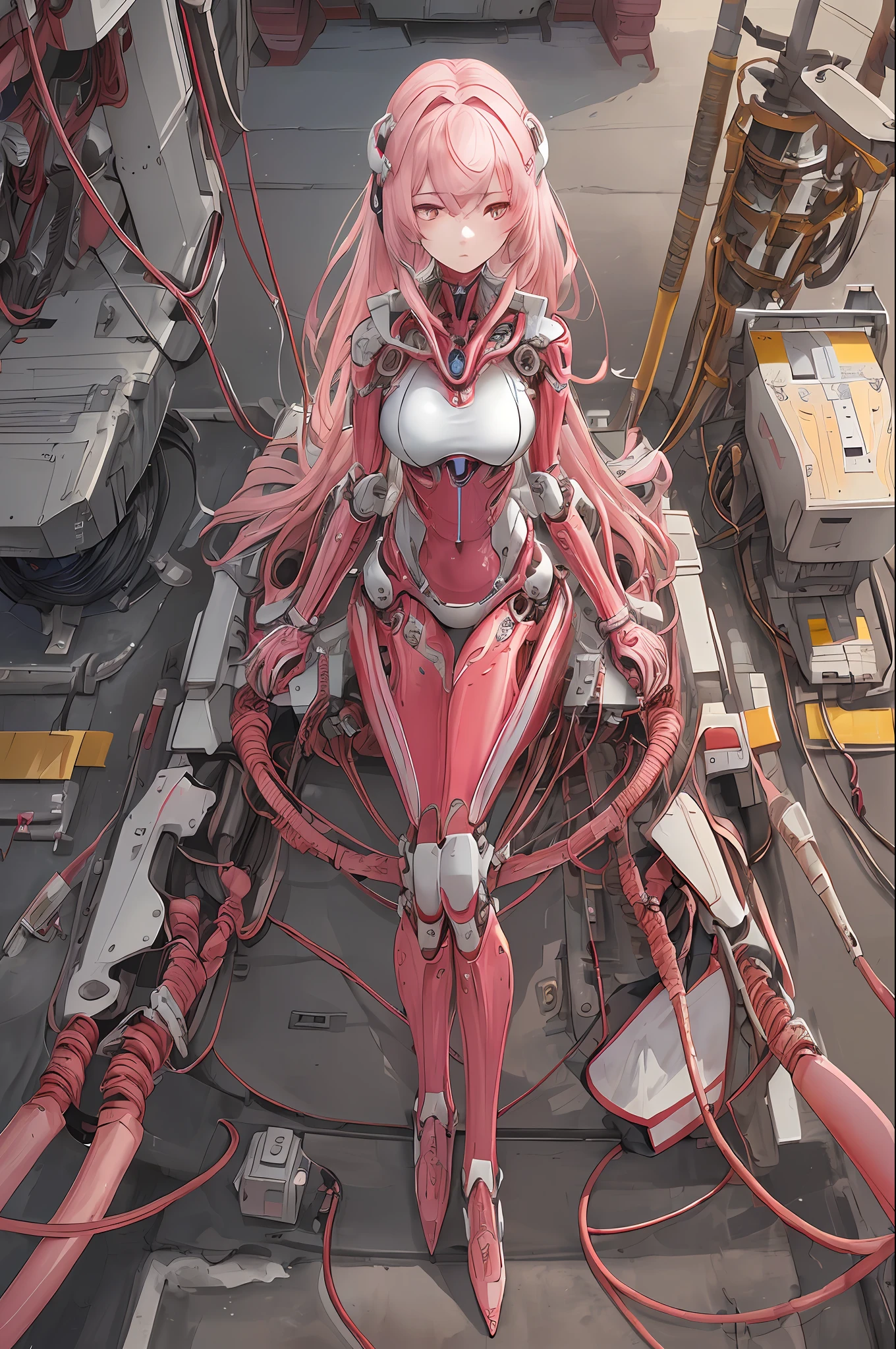 (((masterpiece))), (((best quality))), ((ultra-detailed)), (little pink and white), (body suit), (highly detailed CG illustration), ((sexy posture: 1.3)), ((sexy ass)), ((an extremely delicate and beautiful)),(from side),cinematic light,((1mechanical girl)),solo,full body,(machine made joints:1.2),((machanical limbs)),(blood vessels connected to tubes),(mechanical vertebra attaching to back),((mechanical cervial attaching to neck)),(sitting),expressionless,(wires and cables attaching to neck:1.2),(wires and cables on head:1.2)(character focus),science fiction,extreme detailed,colorful,highest detailed