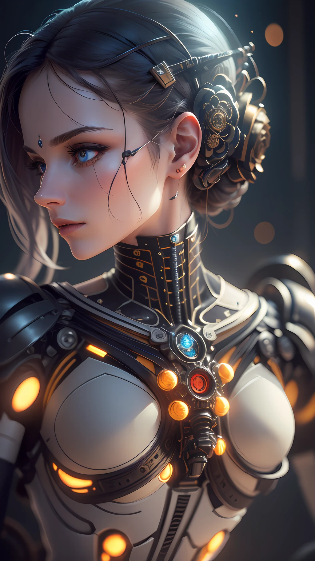 Beautiful photograph of a mechanical woman ((realistic details)), cinematic illumination, shadows and light, octane render, 8k, ultra sharp,metal,intricate, ornaments detailed, cold colors, Babylonian theme, highly intricate details, realistic light, trending on ArtStation, glowing eyes, facing camera, neon details, mechanical limbs,blood vessels connected to tubes,mechanical vertebra attaching to back,mechanical cervical attaching to neck,wires and cables connecting to the head, ((depth of field f/2.8))