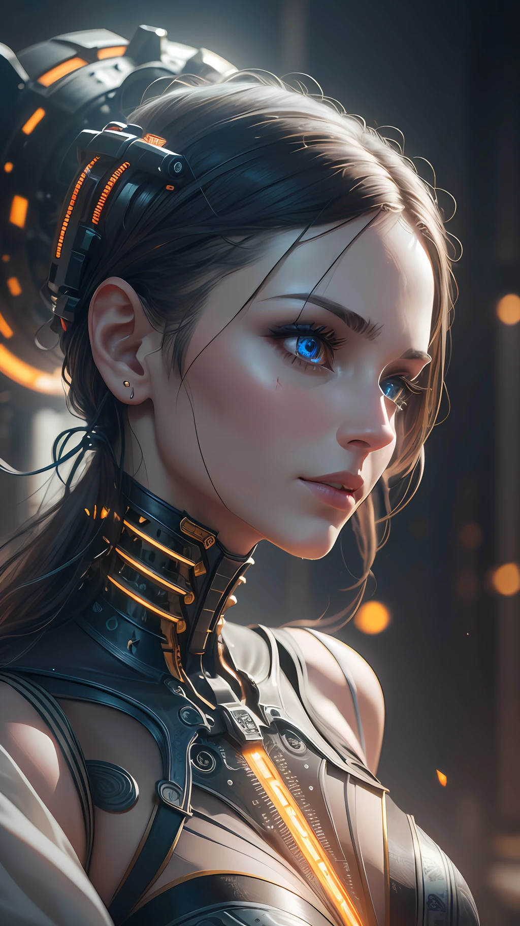 Beautiful photograph of a mechanical woman ((realistic details)), cinematic illumination, shadows and light, octane render, 8k, ultra sharp,metal,intricate, ornaments detailed, cold colors, Babylonian theme, highly intricate details, realistic light, trending on ArtStation, glowing eyes, facing camera, neon details, mechanical limbs,blood vessels connected to tubes,mechanical vertebra attaching to back,mechanical cervical attaching to neck,wires and cables connecting to the head, ((depth of field f/2.8))