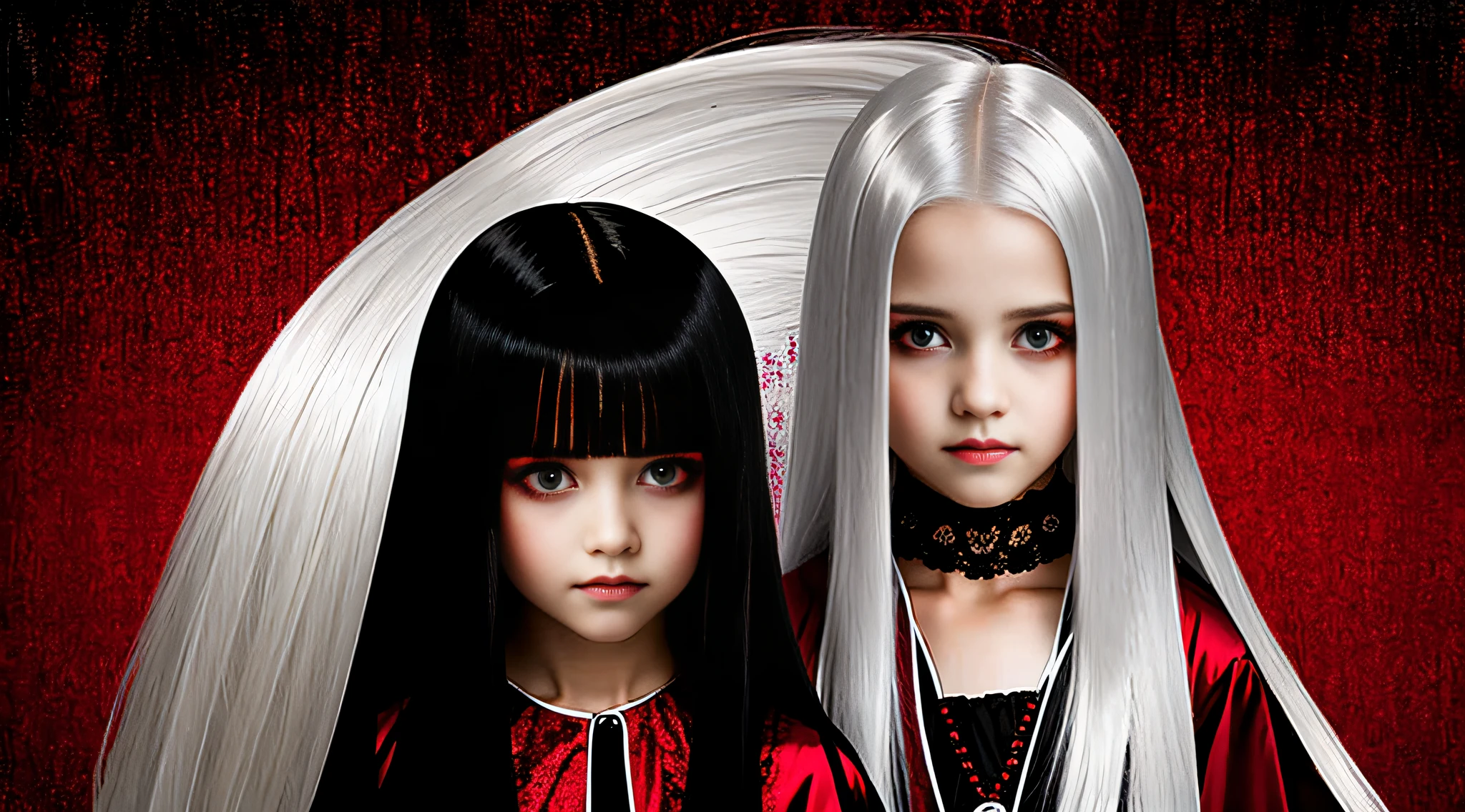 GIRLS VAMPIRE CHILDREN, RED EYES. AND LONG STRAIGHT PLATINUM HAIR, red background.