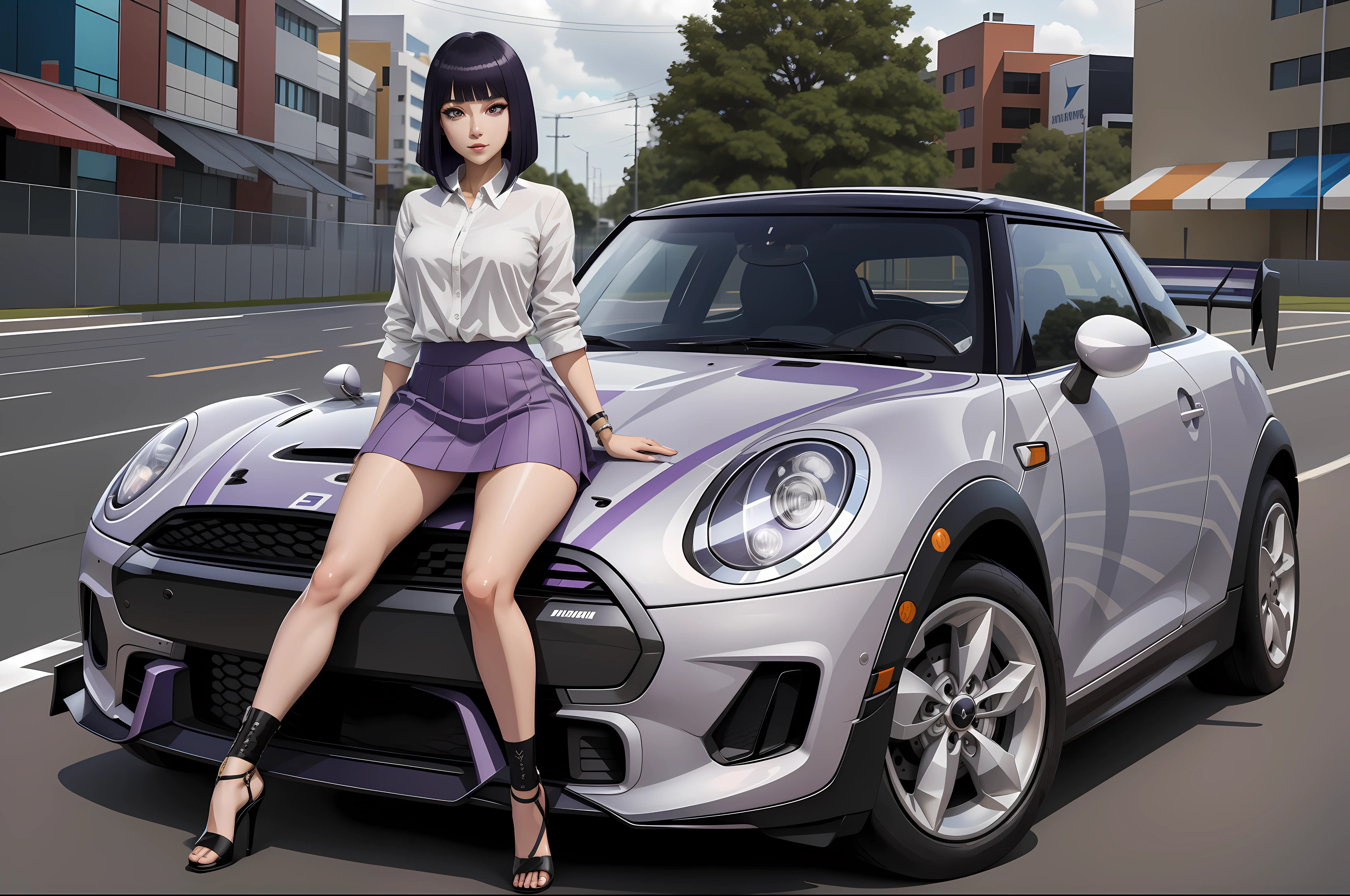 1girl ,only one girl,best quality, intricate details,masterpiece,full body, tight light purple shirt, mini skirt, high heels, sexy girl, high detailed byakugan eyes,bangs,slim figure, anime style, high detailed background, background car race track,hinata,hinata with racecar,solo , cinematic,sit on side,solo, sportscar