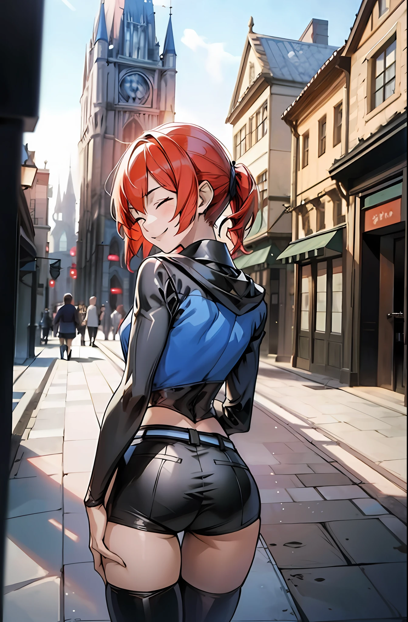 masterpiece, best quality, anime, 2d, 1girl, solo, stockings, red hair, closed eyes, short hair, white collared shirt, short shorts, wide hips, ass, navel, smile, boots, hands on hips, strapless, black stockings, back, walking, looking back, cowboy shot, dutch corner, outdoor, medieval, back, back, long-sleeved,