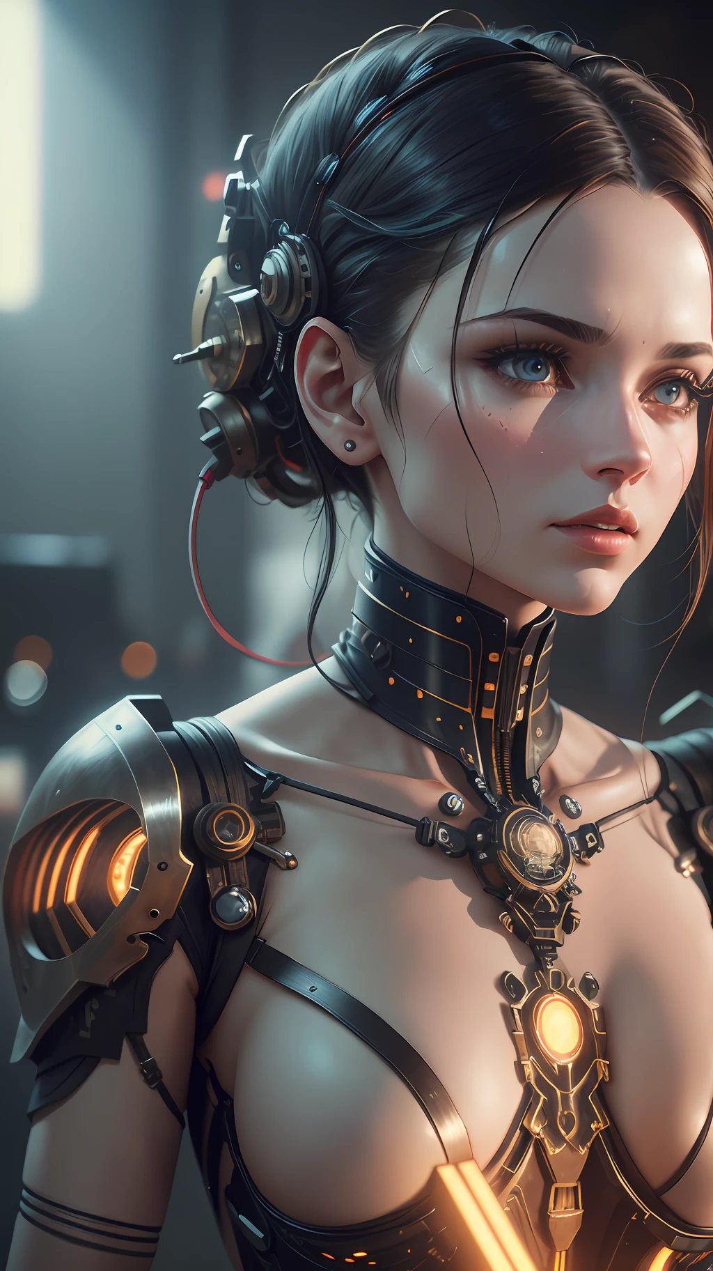 Beautiful photograph of a mechanical woman in a mech factory, mechanical limbs,blood vessels connected to tubes,mechanical vertebra attaching to back,mechanical cervical attaching to neck,wires and cables connecting to the head, ((realistic details)), cinematic illumination, shadows and light, octane render, 8k, ultra sharp,metal,intricate, ornaments detailed, cold colors, Babylonian theme, highly intricate details, realistic light, trending on ArtStation, glowing eyes, facing camera, neon details, , ((depth of field f/2.8))