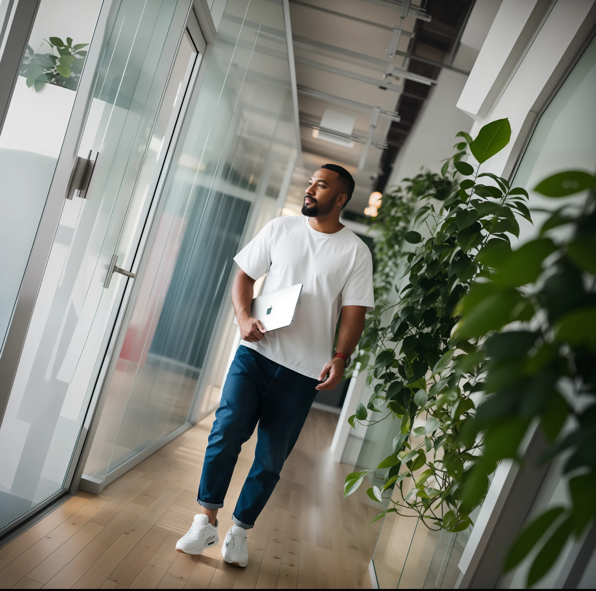RAW photo, office hallway, glass walls, glass doors, wooden floor, indoor plants, 8k uhd, dslr, soft lighting, high quality, film grain, Fujifilm XT3