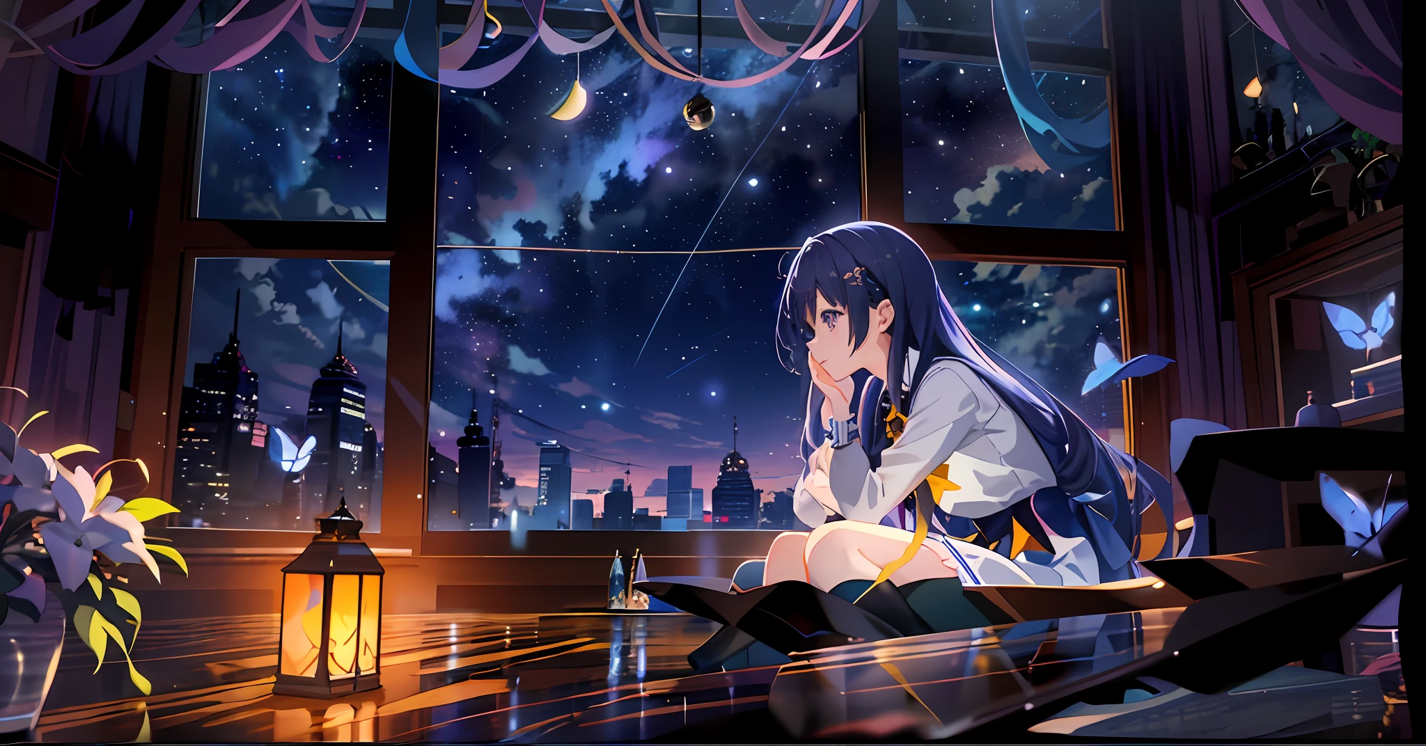 anime girl sitting on a table looking out a window at night, anime art wallpaper 8 k, anime art wallpaper 4k, anime art wallpaper 4 k, 4k anime wallpaper, anime style 4 k, anime wallpaper 4 k, anime wallpaper 4k, anime moe artstyle, nightcore, rin, ultra hd anime wallpaper, night under the starry sky