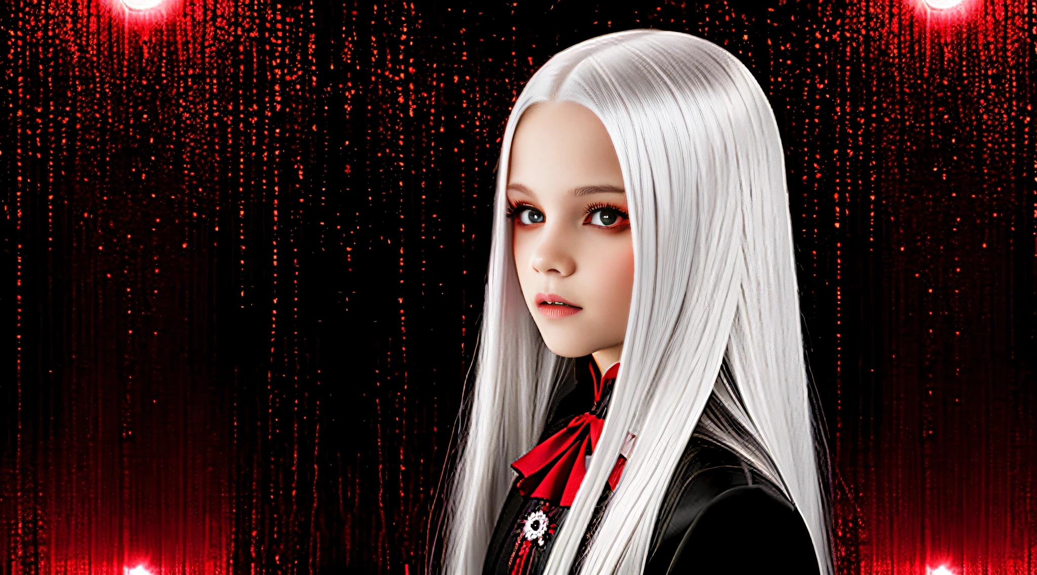 GIRLS VAMPIRE CHILDREN, RED EYES. AND LONG STRAIGHT PLATINUM HAIR, red background WITH MIRRORS.