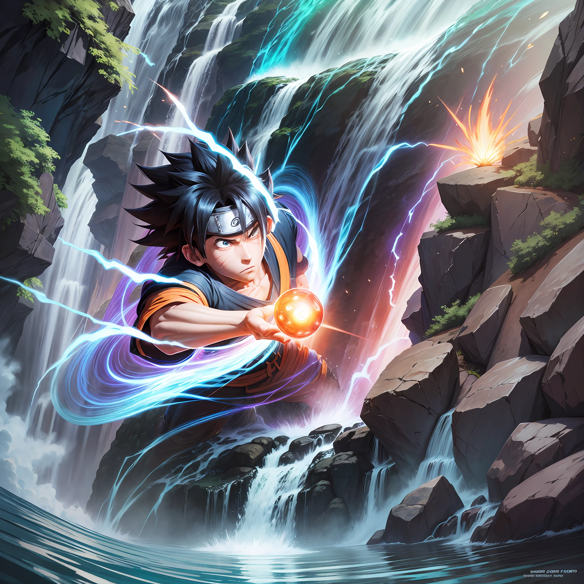 Naruto rasengan goku, high detail, anime, waterfall background, --auto --s2