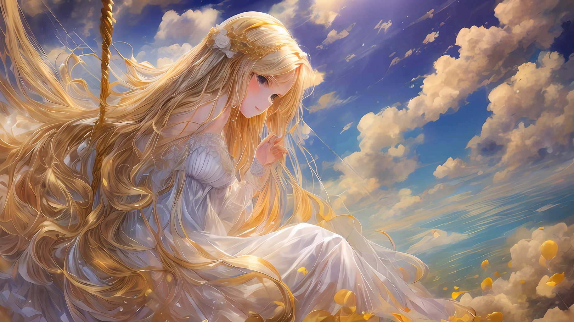 Girl, white translucent dress, long dress, (golden hair 1.1), long hair, sitting on a swing, high in the clouds, (saturated shades 1.1), gradient, color iridescence, sun rays, accent on gold, rear view in the distance, (high resolution 1.1), high quality, good anatomy, --auto --s2