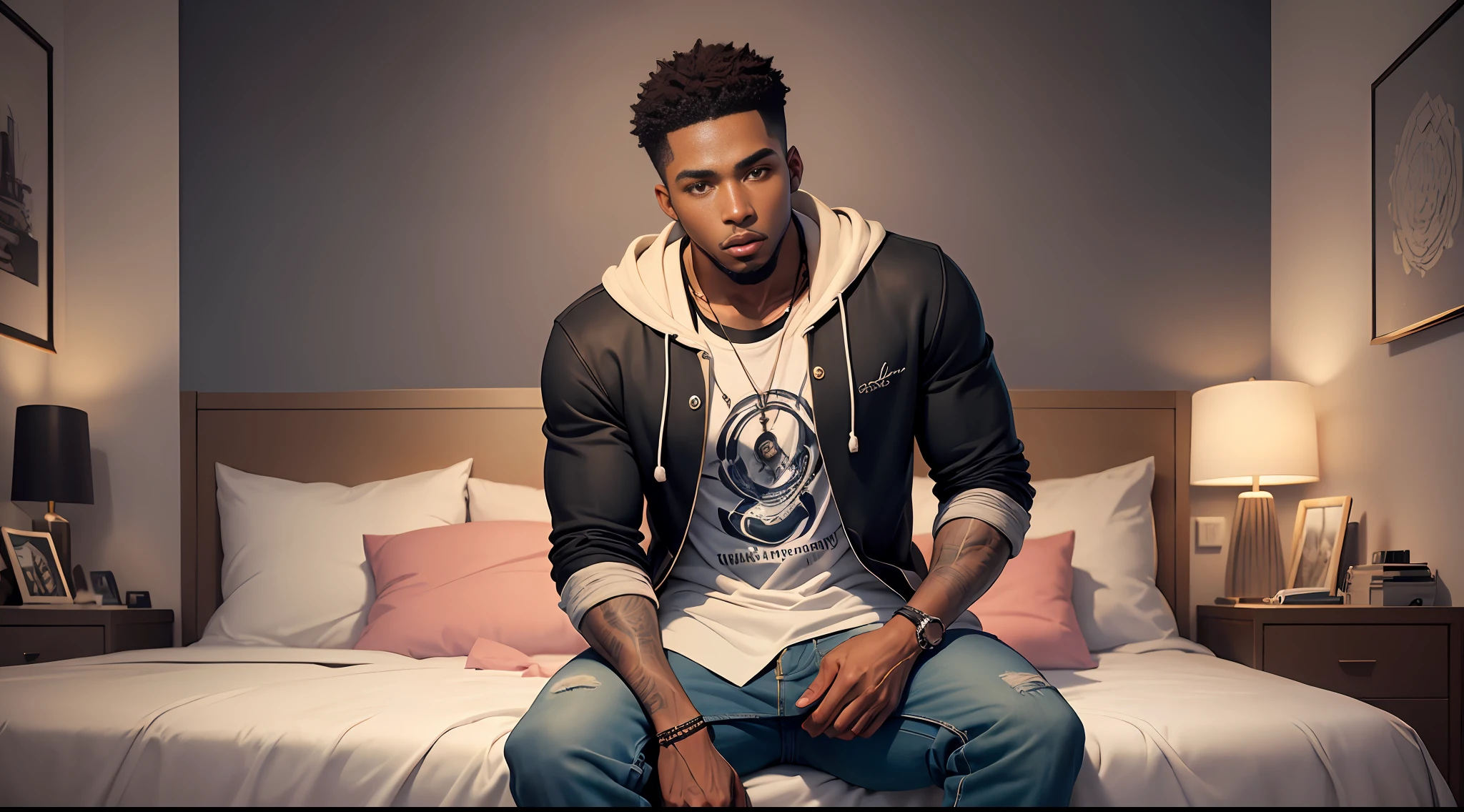 ((Work of art)), best quality, high detailing, incredibly delicate and beautiful illustration, (1 young 26-year-old black man), brown eyes, serious expression, comfortable casual clothing, slightly blurry urban setting, softly blurred background, night lighting.this youtuber is sitting on his bed, full body