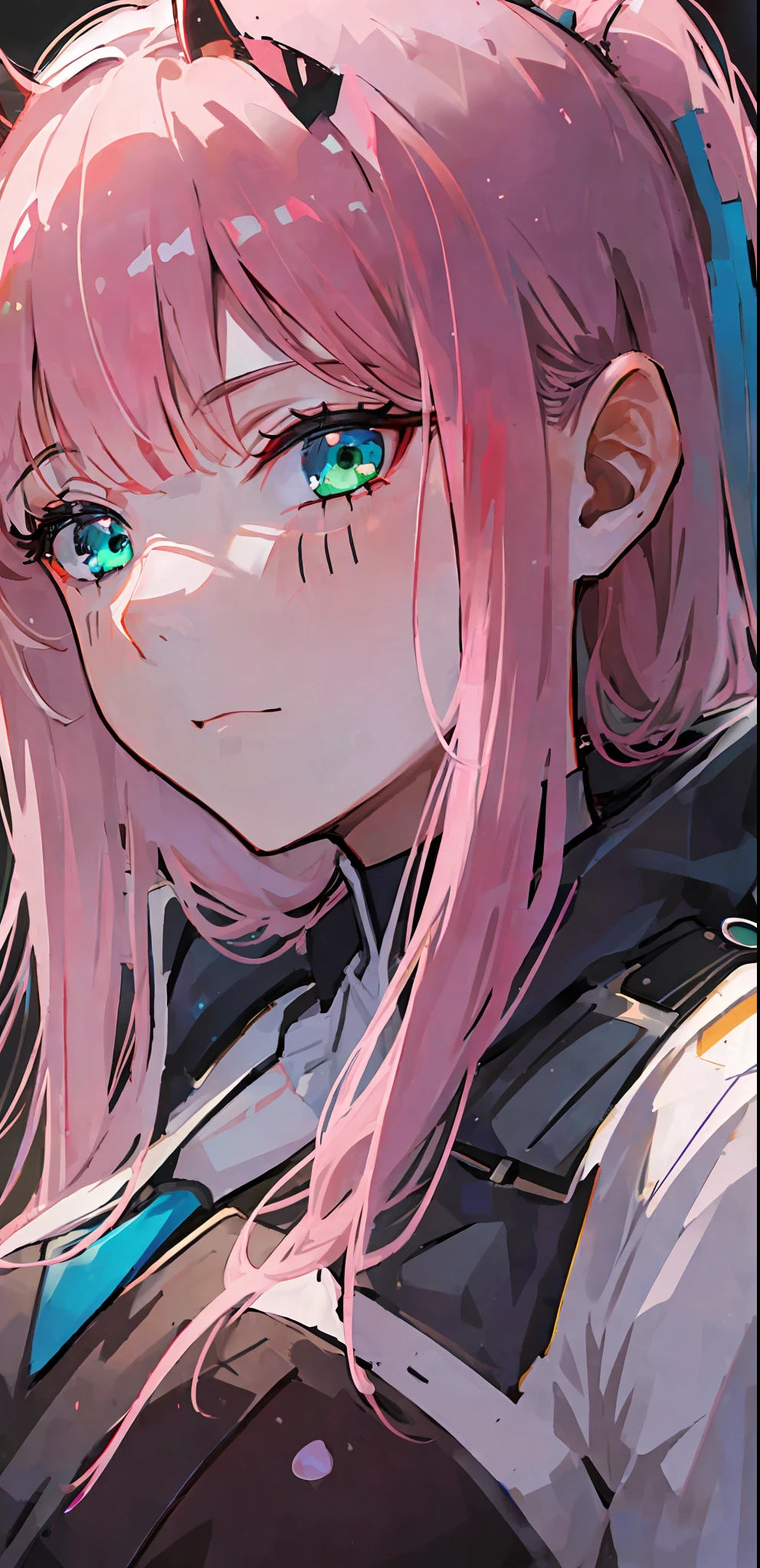 ((masterpiece, best quality)), (1girl), (solo), (female focus), zero two, (very detailed face, real image, realistic white skin, realistic body, intricate details), upper body, focus on face, green eyes, pink hair, long hair, intimidating look, red uniform, small breasts