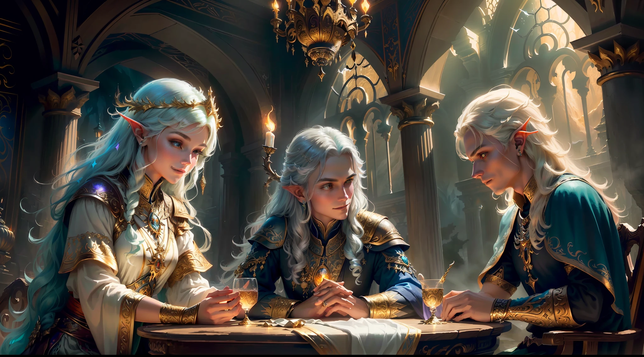 best quality, masterpiece, masterpiece portrait, intricate details, epic light, fantasy, dragons and dungeons, retro, priest, dark elf, 1 girl,2 boys, wooden table, tavern, gray skin, elegant smile, strabismus, close-up portrait of a Mycenaean woman doll with gold jewelry, spider: 0.9, net: 1.0, fantasy, volumetric lighting, concept art, brush stroke style, art station, trend, very detailed, art by Greg Rutkowsk, Amidst a realm of enchantment and mythical wonders, fantasy setting, magical creatures, ethereal beauty, majestic landscapes, shimmering forests, cascading waterfalls, ancient ruins, radiant sunlight, mystical atmosphere, vibrant colors, mystical beings, mythical creatures, fairies, unicorns, dragons, celestial skies, floating islands, hidden realms, whimsical architecture, spellbinding charm, sparkling crystals, gentle breeze, captivating aurora, wisps of magic, ethereal glow, awe-inspiring vistas