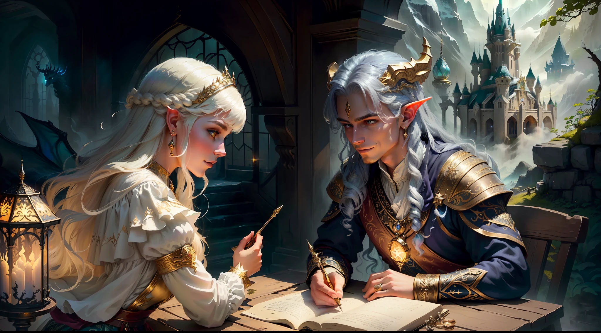best quality, masterpiece, masterpiece portrait, intricate details, epic light, fantasy, dragons and dungeons, retro, priest, dark elf, 1 girl,2 boys, wooden table, tavern, gray skin, elegant smile, strabismus, close-up portrait of a Mycenaean woman doll with gold jewelry, spider: 0.9, net: 1.0, fantasy, volumetric lighting, concept art, brush stroke style, art station, trend, very detailed, art by Greg Rutkowsk, Amidst a realm of enchantment and mythical wonders, fantasy setting, magical creatures, ethereal beauty, majestic landscapes, shimmering forests, cascading waterfalls, ancient ruins, radiant sunlight, mystical atmosphere, vibrant colors, mystical beings, mythical creatures, fairies, unicorns, dragons, celestial skies, floating islands, hidden realms, whimsical architecture, spellbinding charm, sparkling crystals, gentle breeze, captivating aurora, wisps of magic, ethereal glow, awe-inspiring vistas