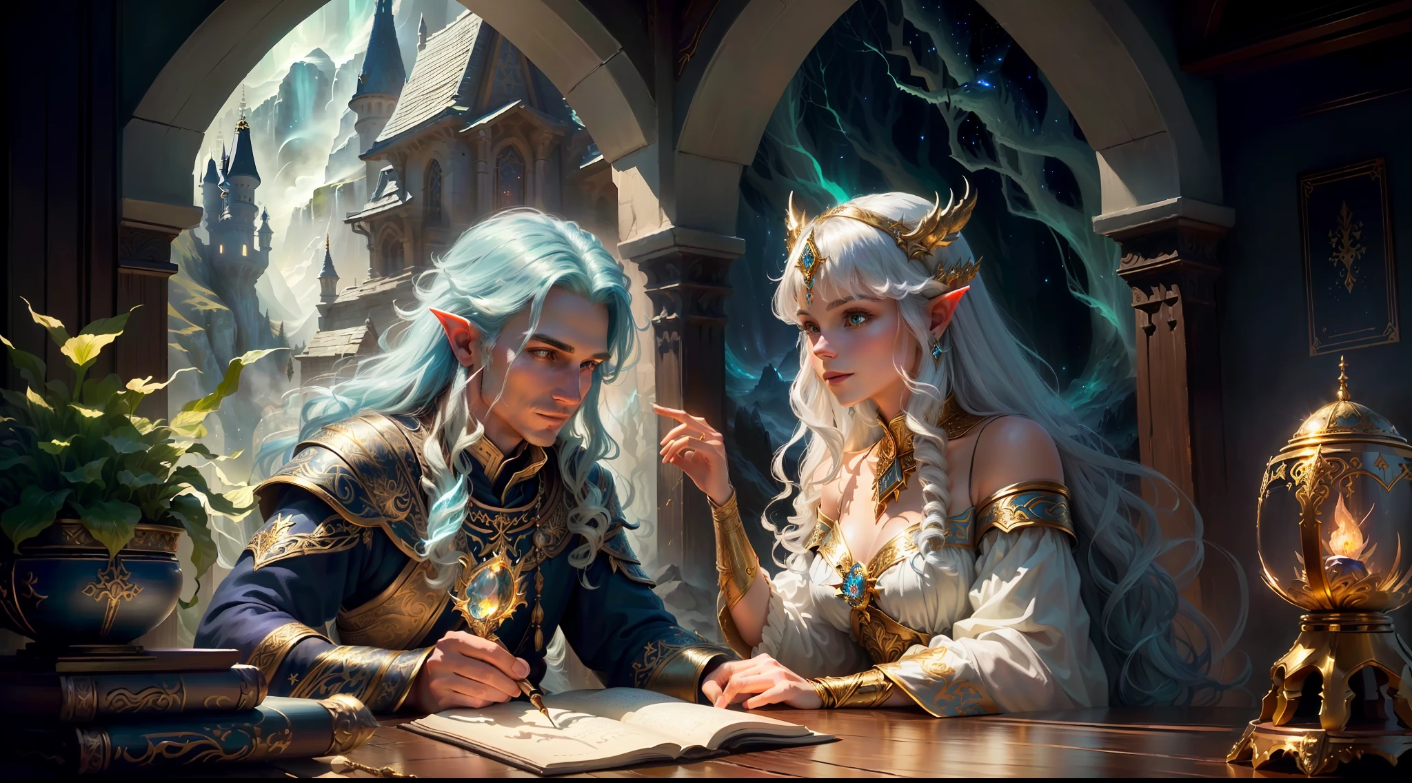 best quality, masterpiece, masterpiece portrait, intricate details, epic light, fantasy, dragons and dungeons, retro, priest, dark elf, 1 girl,2 boys, wooden table, tavern, gray skin, elegant smile, strabismus, close-up portrait of a Mycenaean woman doll with gold jewelry, spider: 0.9, net: 1.0, fantasy, volumetric lighting, concept art, brush stroke style, art station, trend, very detailed, art by Greg Rutkowsk, Amidst a realm of enchantment and mythical wonders, fantasy setting, magical creatures, ethereal beauty, majestic landscapes, shimmering forests, cascading waterfalls, ancient ruins, radiant sunlight, mystical atmosphere, vibrant colors, mystical beings, mythical creatures, fairies, unicorns, dragons, celestial skies, floating islands, hidden realms, whimsical architecture, spellbinding charm, sparkling crystals, gentle breeze, captivating aurora, wisps of magic, ethereal glow, awe-inspiring vistas