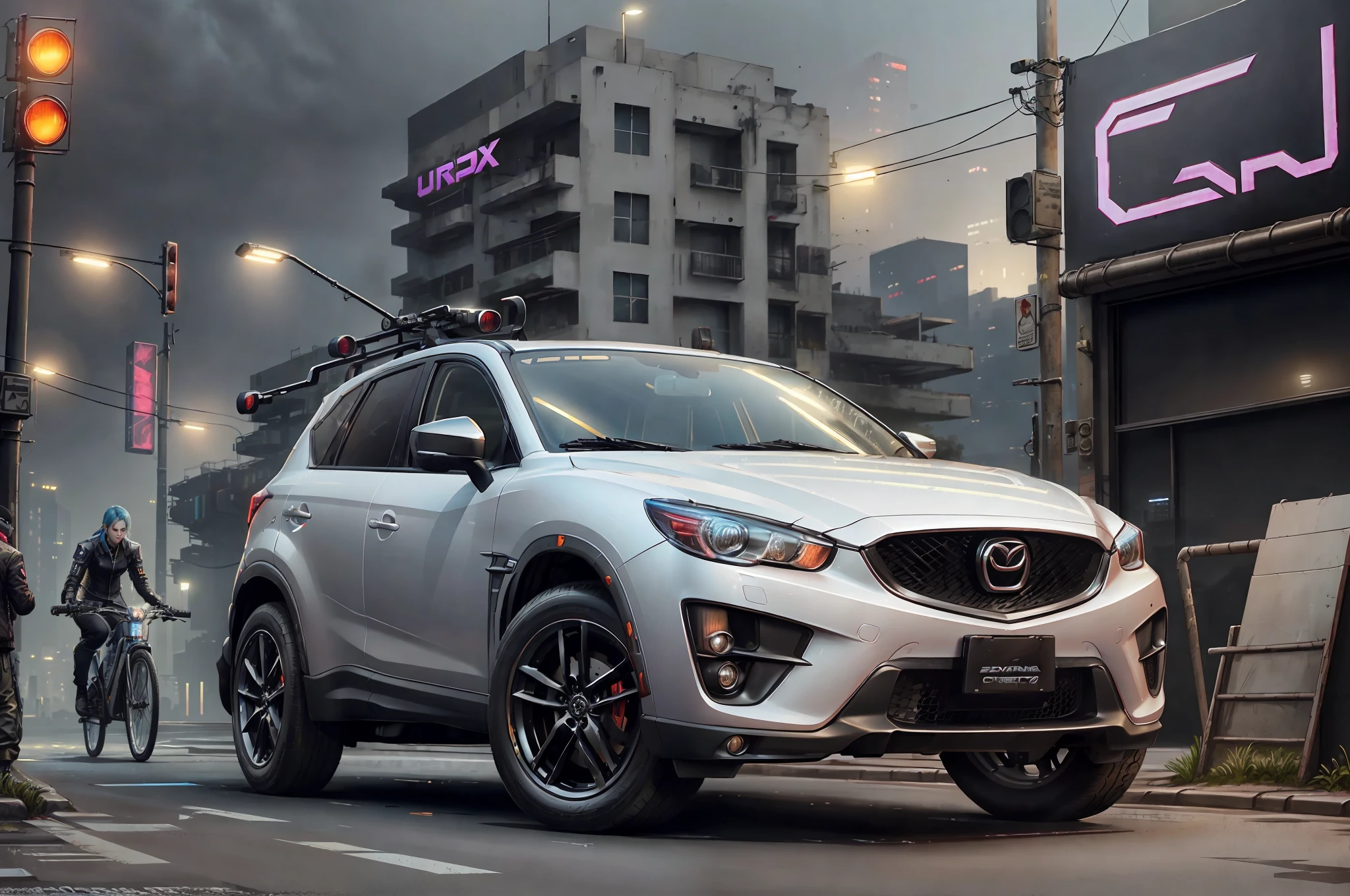(late at night:1.3), , (detailed beautiful skin textures, detailed beautiful face, ultra detailed clothing textures), , (Cyberpunk:1.4), , (ultra-detailed 2012 Mazda cx-5 white with bikes on the roof), , (front view 3/4, the car is in the center of the frame), , (in the parking lot, in the ultra detailed Cyberpunk Night City), (All cars are classic cars with a focus on cyberpunk), , (soft lighting), , (masterpiece, best quality: 1.4, 8k, ultra-detailed, illustration, distinct_image, intricate_details, thin illustration), (realistic: 0.15),