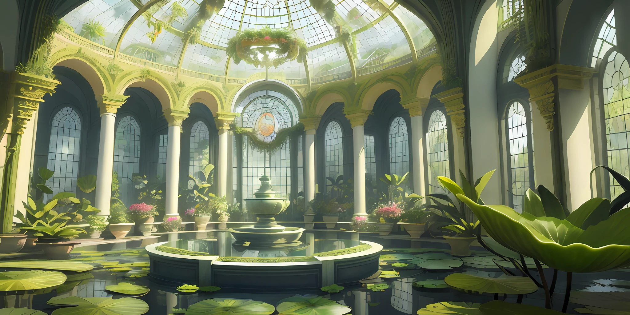 A gigantic greenhouse with a central round fountain with large water lilies with flowers, vines, orchids, bromeliads, large ornate glass windows, ornaments, golden, many plants, tropical plants, marble walls, dynamic light, 8K, masterpiece, ultra detailed, beautiful.