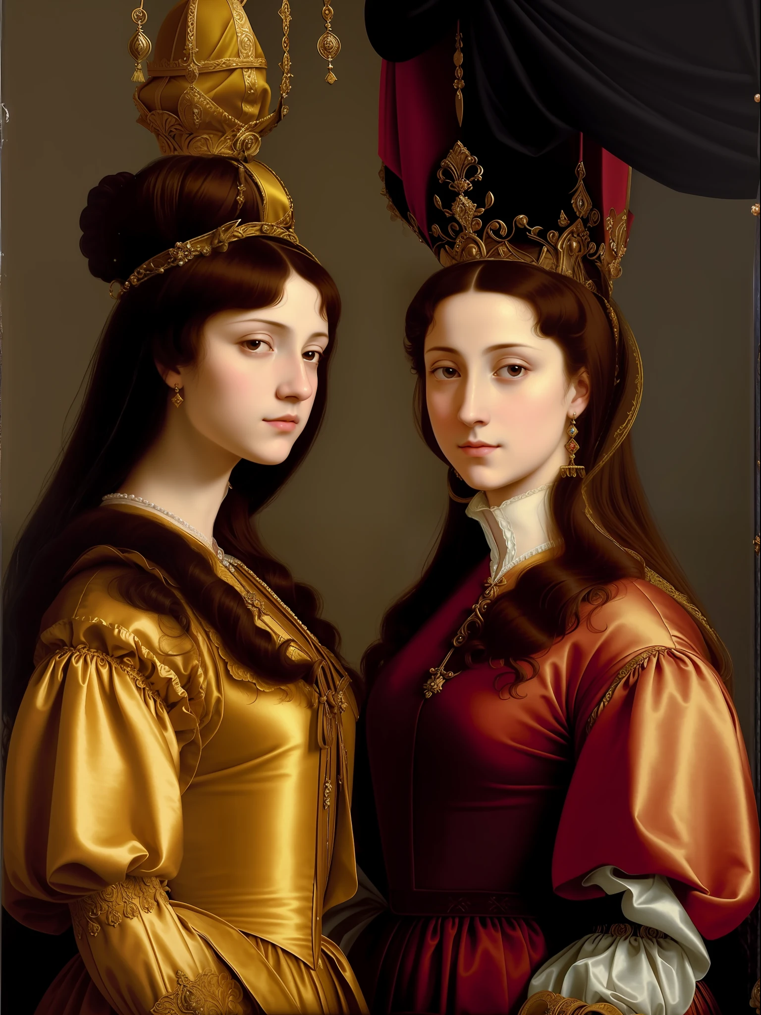 a close up of two women in renaissance clothing standing next to each other, realistic renaissance portrait, baroque digital painting, renaissance portrait, inspired by Giovanni Lanfranco, beautiful gemini twins portrait, renaissance digital painting, inspired by Fra Bartolomeo, royal portrait, baroque portrait, in a high renaissance style, royal portrait painting, inspired by Domenico Quaglio the Younger