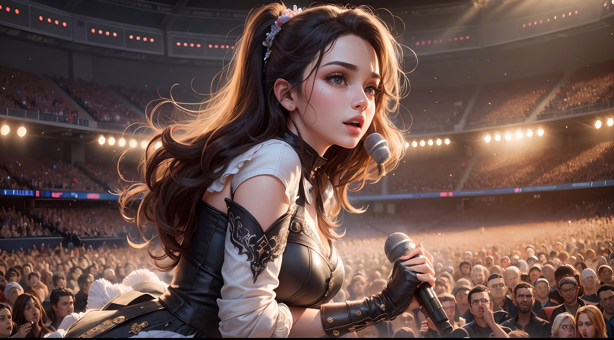 (RAW photo, highest quality), (realistic, photorealistic: 1.3), highest quality, very detailed, masterpiece, super detailed, illustration, 1girl, upper_body, dynamic angle, world masterpiece theater, highest quality, highly detailed CG Unity 8k wallpaper, ink, wonderful, cinematic lighting, singer, hand microphone, beauty, cute, wonderful proportions, 24 years old, famous singer, surrounded by a large audience, large stage, square, singing, captivating, futuristic, outdoor live, cyberpunk,