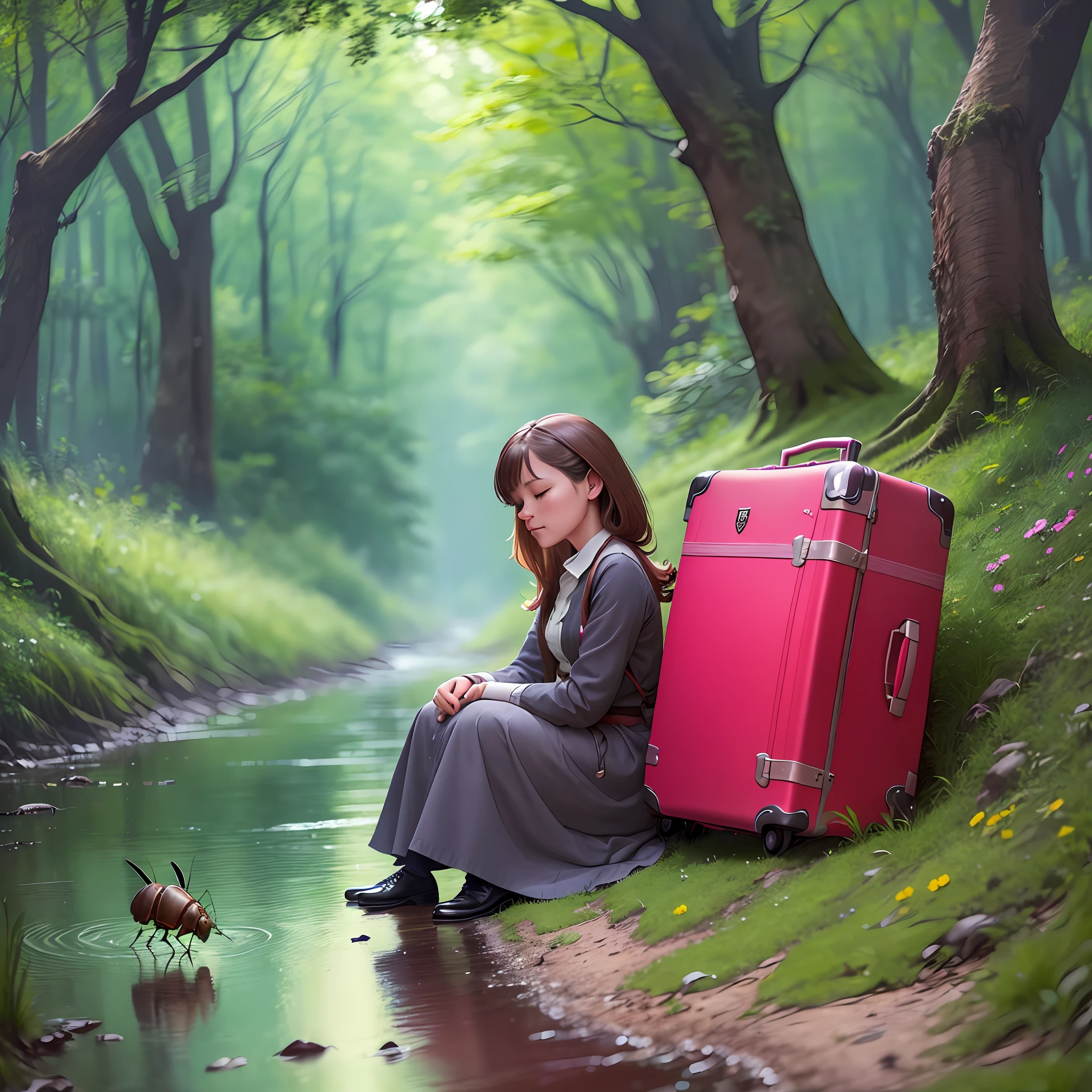 A cockroach walks slowly along the forest trail, carrying a suitcase in its hands. The insect seems to be very tired, probably from having walked for hours. The cockroach stops for a moment to rest, placing the suitcase on the floor and sitting down next to it.
While resting, the cockroach begins to think about the journey that led it there. She remembers stepping out of a dark, damp sewer in search of something new and exciting. She wanted to explore the world and see things she had never seen before.
The cockroach finally gets up and picks up the suitcase again. She continues to walk the trail, passing tall trees and colorful flowers. The fresh air of the forest seems to renew her energies and she begins to feel more excited and hopeful.
After walking for a few more minutes, the cockroach finally reaches a crystal clear stream. She sits down at the water's edge and opens the suitcase. Inside, she finds a small dollhouse that she had built very carefully.
The cockroach smiles at the sight of its creation and begins to set up the house on the soft grass beside the stream. She places furniture and decorations in each room, imagining what it would be like to live in such a beautiful and cozy home.
While working in the dollhouse, the cockroach realizes that it has found exactly what it was looking for: peace and tranquility in a beautiful and quiet place. She feels happy and satisfied to have made the trip, and promises to come back whenever she needs a little peace and quiet.