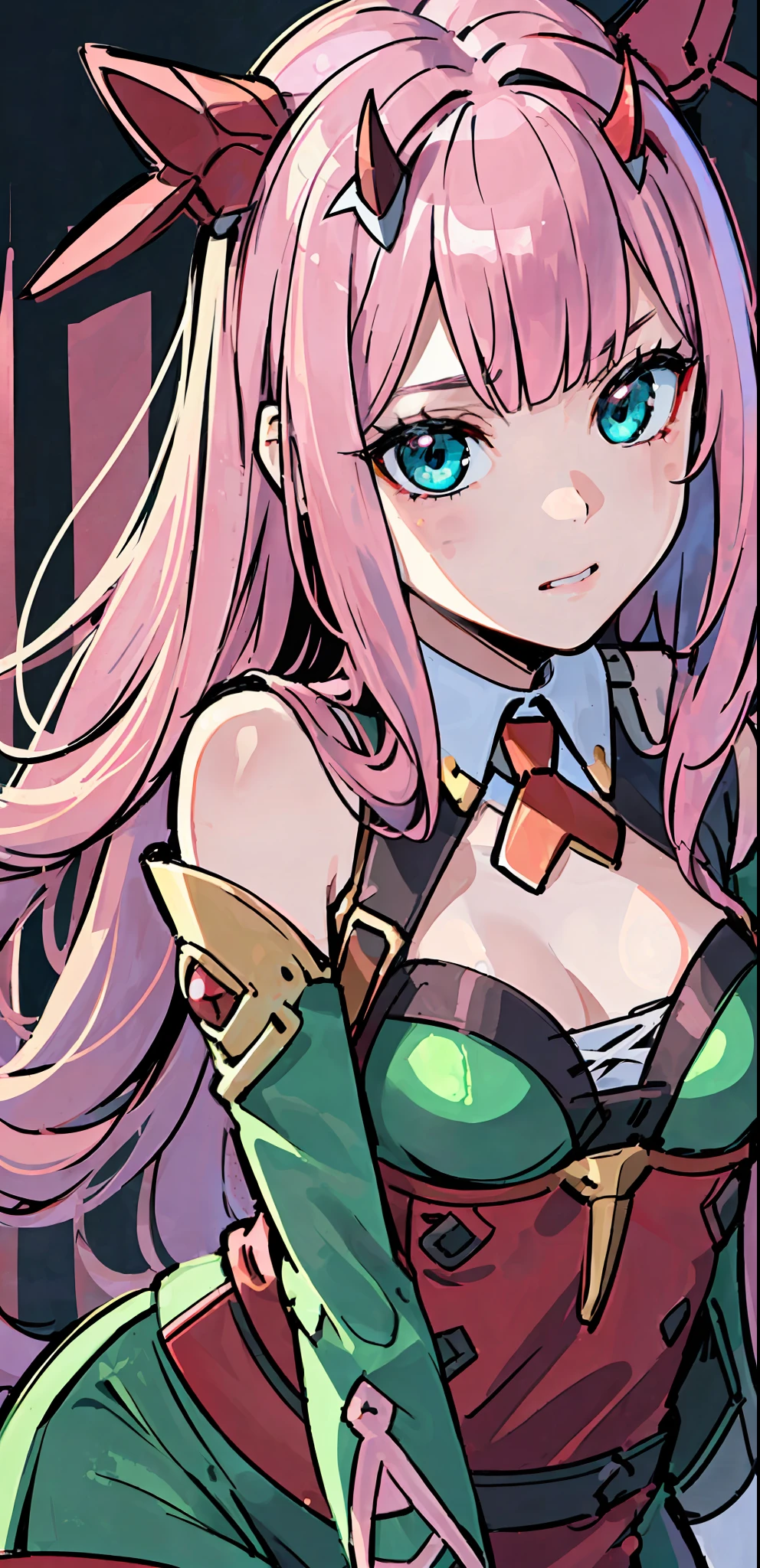 ((masterpiece, best quality)), (1girl), (solo), (female focus), zero two, (very detailed face, real image, realistic skin, realistic body, intricate details), strong lineart, upper body, focus on face, green eyes, pink hair, bangs, hair accessory, long hair, intimidating look, red uniform, small breasts