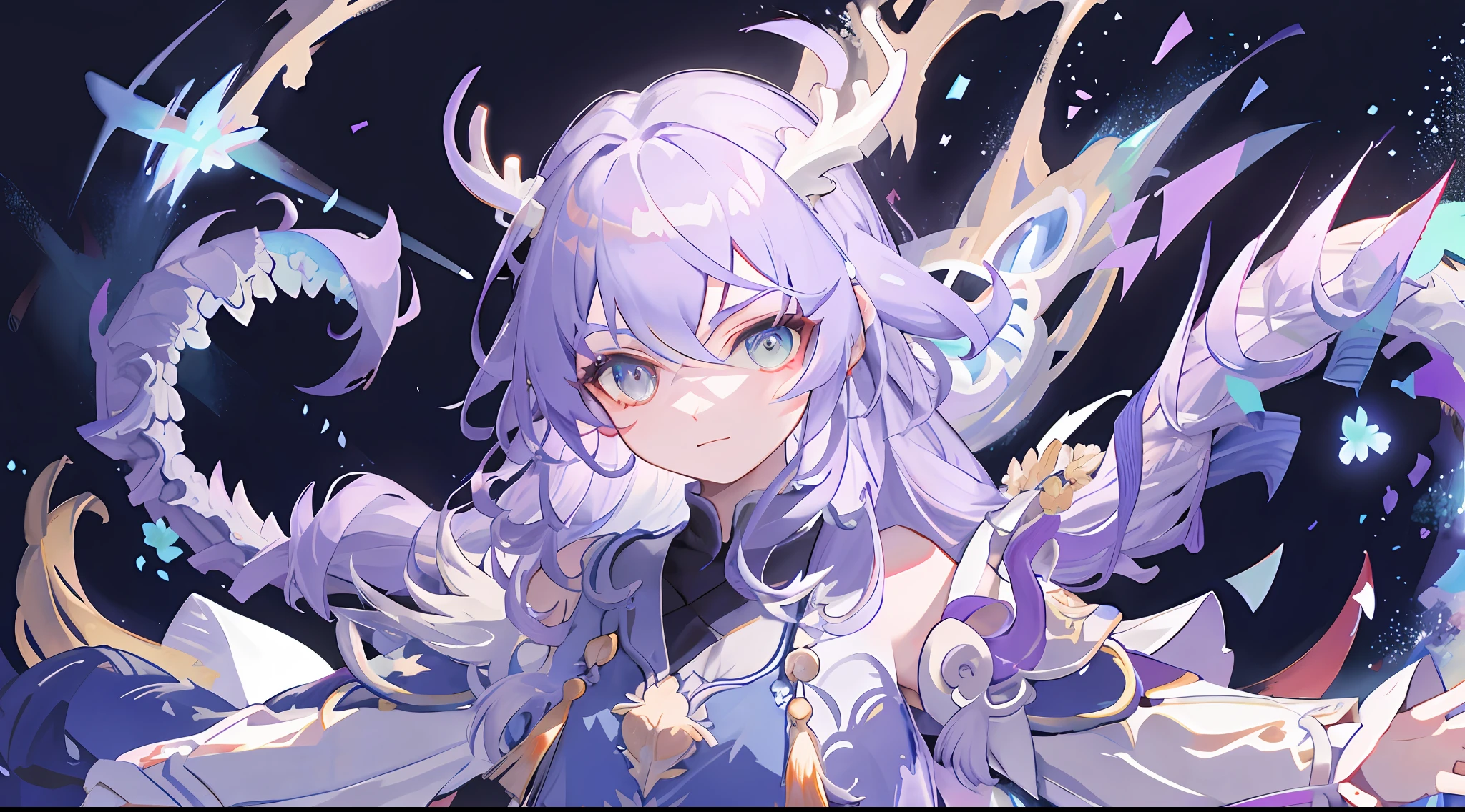 (masterpiece), (best quality), (ultra detailed), bailu, front looking, looking at viewer, one dragon tail, two horns, upper body, flowers, flowing colors, cloudy sky,