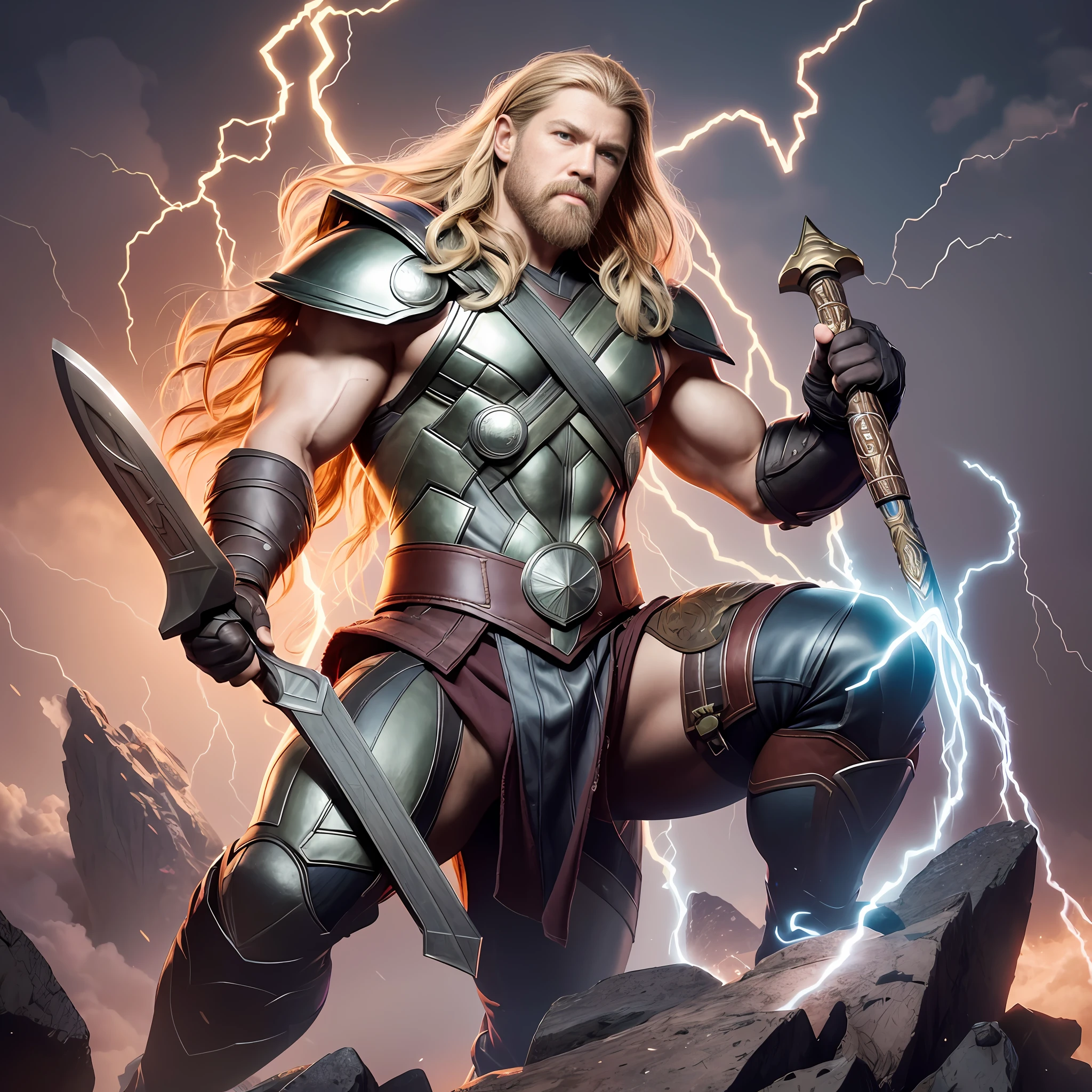Generate a T-shirt print featuring a pixel art representation of Thor from the Marvel films. The design should capture the essence of the character while embracing the 8-bit aesthetic of the 80s or 90s. Incorporate elements of art and create the design as a logo, badge, or vector art. Place the logo on a white background with a scale of 1.4, and ensure the dimensions of the design are 800x800 pixels. Explore the following variables to create unique variations:
1. Color Palette: Experiment with colors that reflect Thor's iconic appearance, such as red, silver, and gold, or explore alternative palettes to give the design a fresh twist.
2. Pose and Action: Depict Thor in a dynamic pose, wielding his hammer Mjolnir or summoning lightning, showcasing his power and heroism.
3. Background: Consider adding a subtle pattern or texture to the background that complements the overall design and adds depth.
4. Typography: Incorporate typography that reflects the bold and epic nature of the Thor character, such as using stylized fonts for his name or catchphrases.
5. Additional Elements: Explore the inclusion of iconic symbols associated with Thor, such as the Bifröst rainbow bridge or Asgardian motifs, to enhance the design.
Remember to use the following settings:
- Steps: 25
- Sampler: Leonardo Style
- CFG scale: 3
- Seed resize from: -1x-1
- Denoising strength: 0.4
- Base Model: Leonardo Diffusion --auto --s2