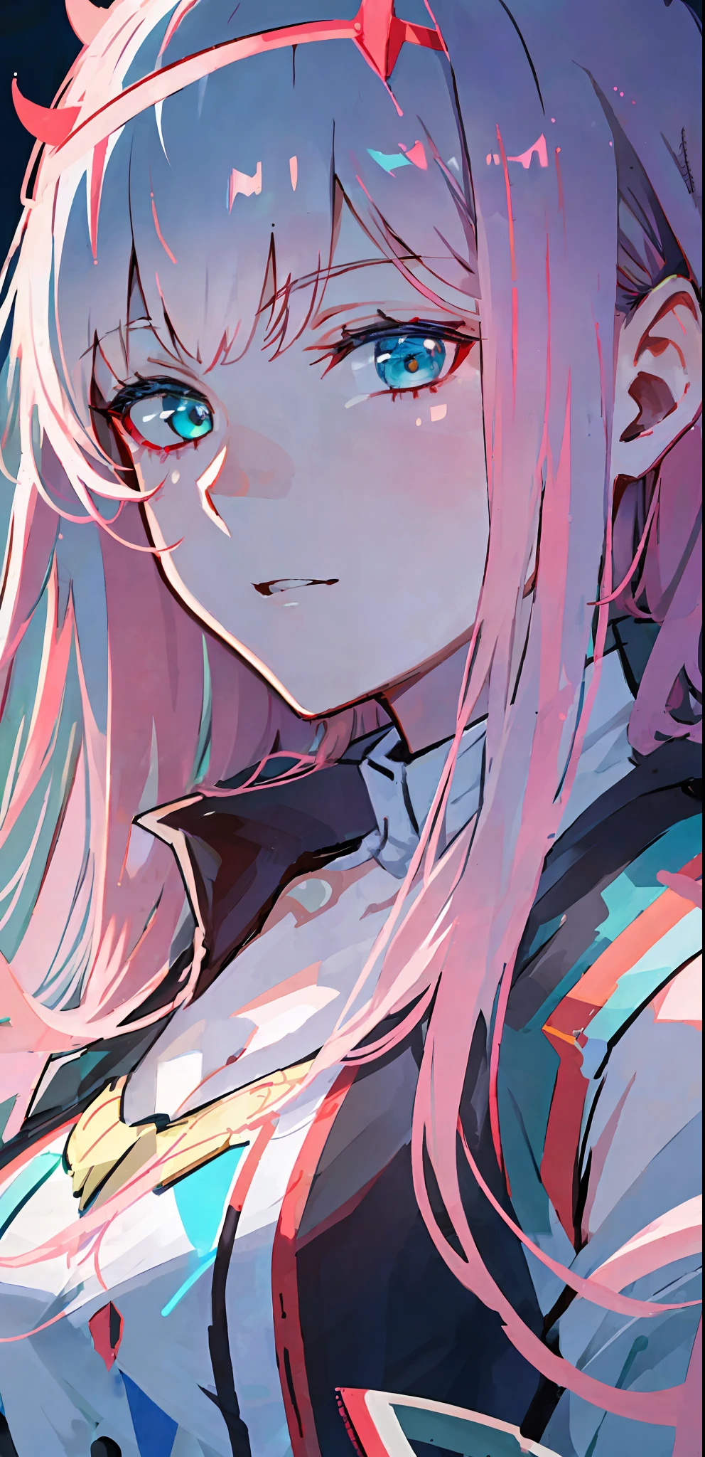 ((masterpiece, best quality)), (1girl), (solo), (female focus), zero two, (very detailed face, real image, realistic white skin, realistic body, intricate details), upper body, focus on face, green eyes, pink hair, long hair, intimidating look, red uniform, small breasts