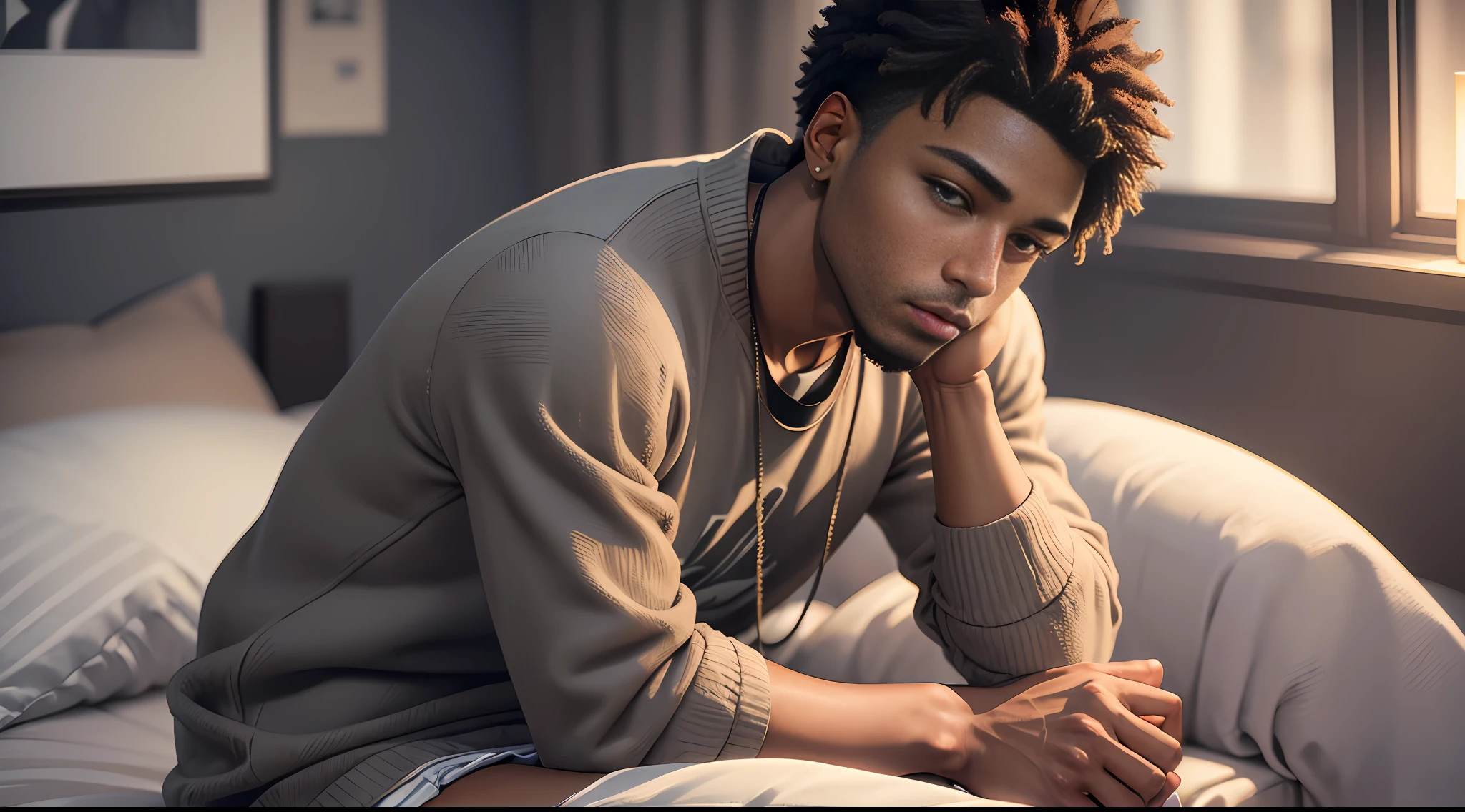 ((Work of art)), best quality, high detailing, incredibly delicate and beautiful illustration, (1 young 26-year-old black man), brown eyes, serious expression, comfortable casual clothing, slightly blurry urban setting, softly blurred background, night lighting.this youtuber is sitting on his bed, full body