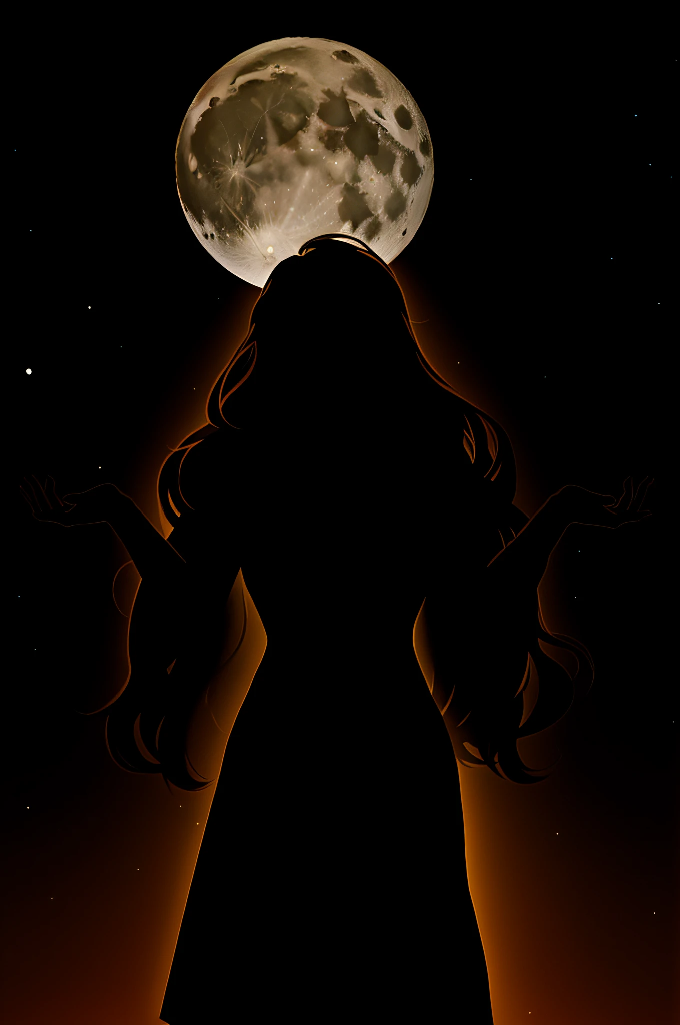 arafed woman in a black dress with her hands out in front of a full moon, moon goddess, the moon behind her, goddess of the moon, lunar goddess, goddess of the hunt and the moon, also known as artemis the selene, hecate, portrait of a norse moon goddess, detailed silhouette, hecate goddess, character silhouette, mysterious woman