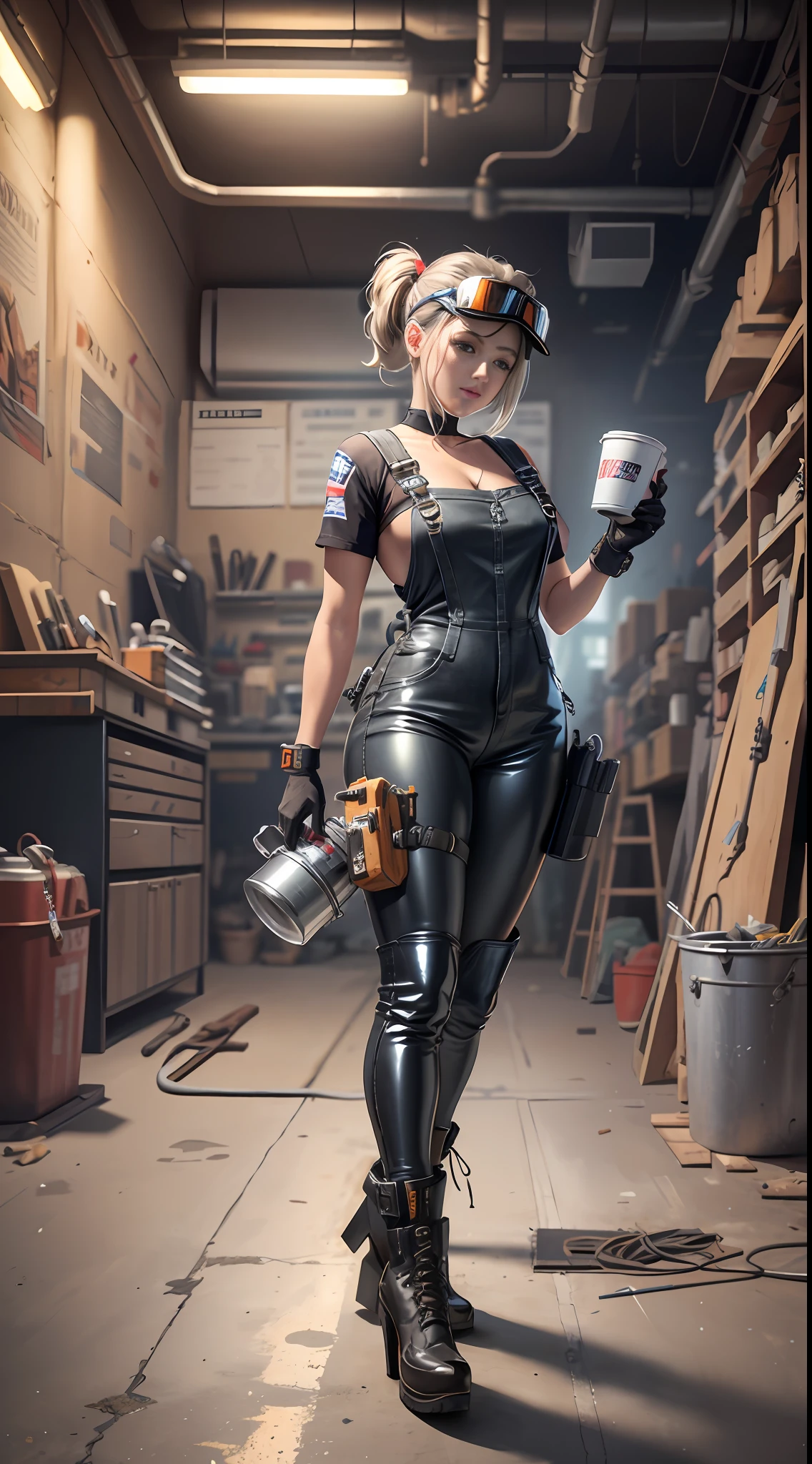Masterpiece, high quality, super detailed, illustration, a pretty girl, holding a guitar, shiny, reflective, latex, overalls, body, work shoes, industrial, high heels, black, red, silver, metallic, gloves, goggles, equipment, machinery, tools, sparks, pipes, instruments, meters, saws, hammers, screwdrivers, wrenches, pliers, wrenches, toolboxes, fire extinguishers, first aid kits, ventilation, pipes, lights, warning signs, posters, calendars, coffee cups, workbenches, storage boxes, safety vests, Concrete floors, concrete walls, metal beams, industrial fashion, sci-fi, cyberpunk, dystopia
