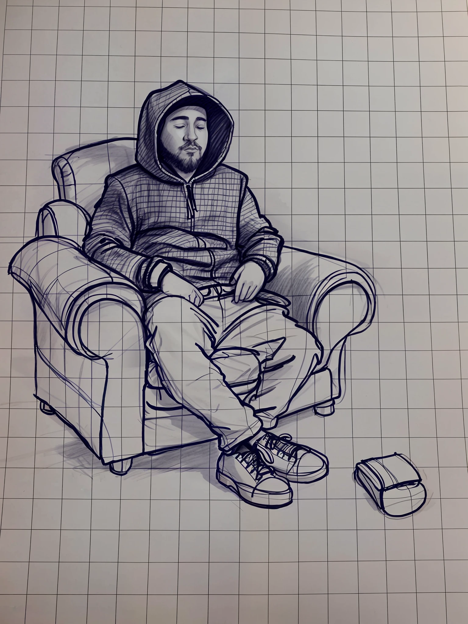 Rapper man in rapper clothes, sitting in an armchair with his hood on, arms in pockets, eyes closed, reflecting, cross-legged, when rap, short beard on the pear, short hair, black poleron, hands on pockets, black hip hop pants, drawn on paper, pen on paper, pen sketch, sitting in a king's armchair,  luxury armchair sketch, pen drawing, fine tip pen drawn, artist's sketch, sketch, ink pen sketch, art sketch, sitting in a living room, pen drawing, drawn picture, sitting in an armchair, dark atmosphere