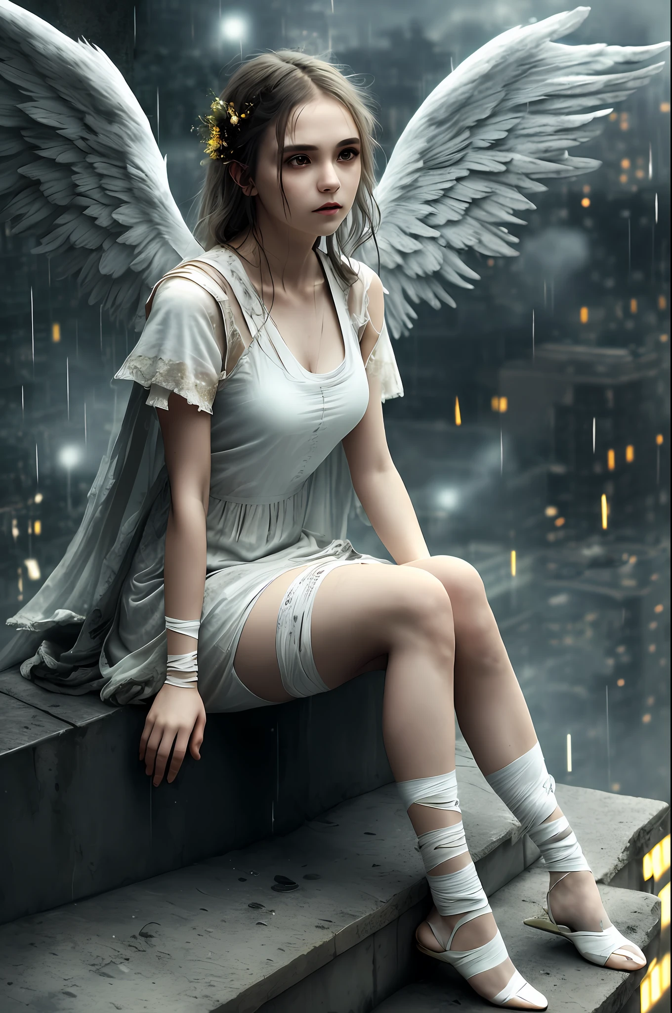 a woman with angel wings, in a white dirty torn dress with bandages on her arms and legs, sitting on a ledge, sitting against the background of yellow and blue lights, rain, muted colors, bokeh ((masterpiece, best quality)), high detail, detailed face, blood particles, full body