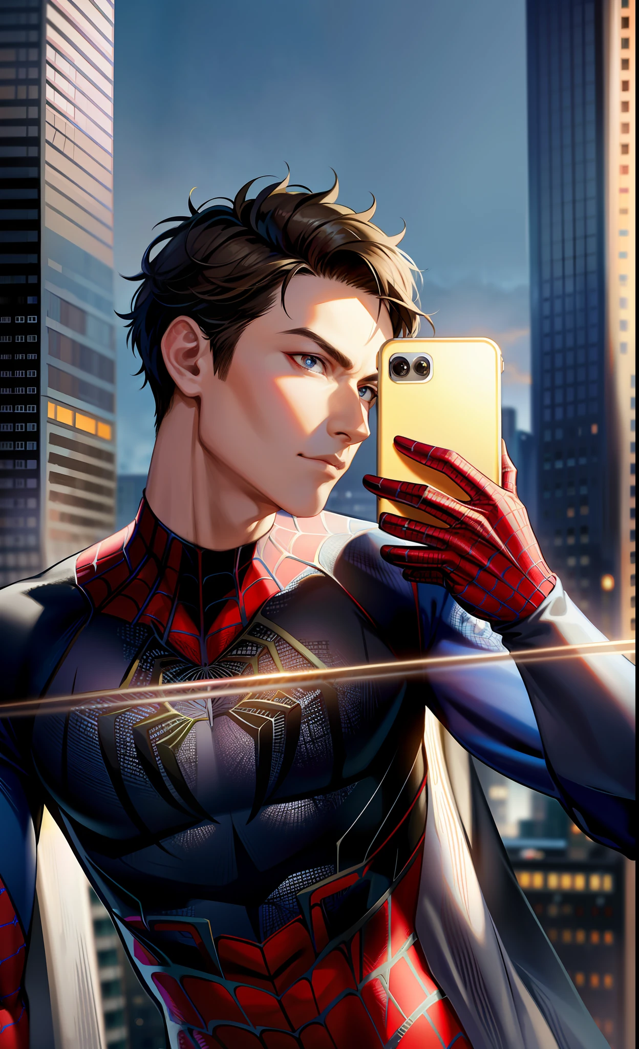 spider suit, spider web print, spider web, spider-man
Masterpiece, absurd, fine details, HDR, ((highly detailed face and eyes)), photorealistic,
focus on the eyes,
standing on the roof of a skyscraper, ((without mask)), looking at the viewer, short brown hair, man