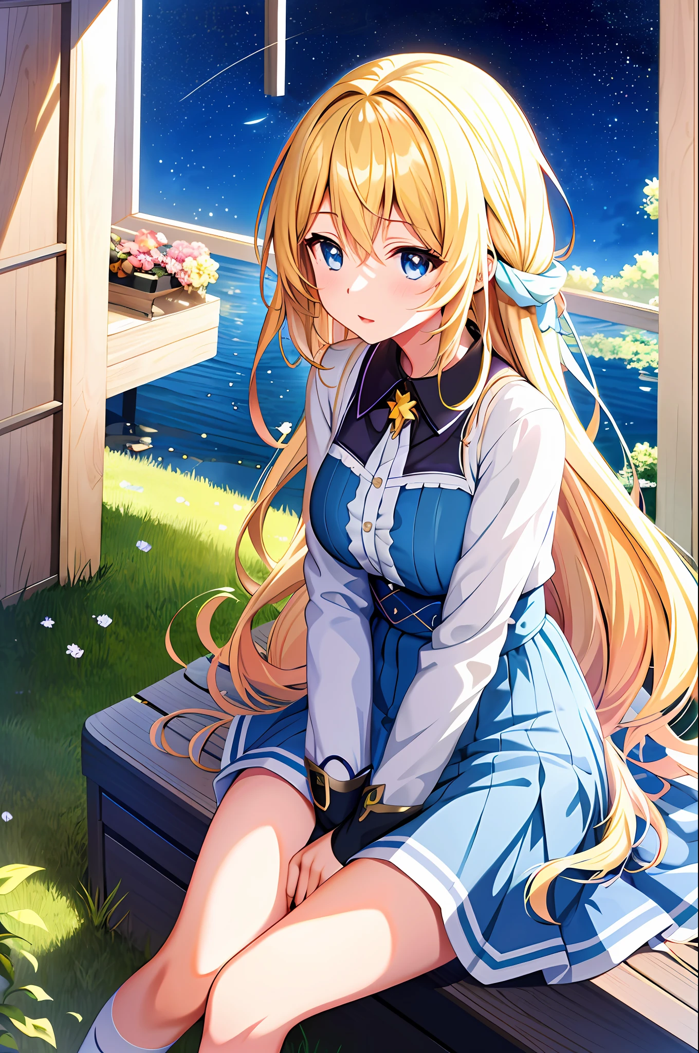 anime girl sitting on grass with stars in the sky, light novel cover art, anime visual of a cute girl, beautiful anime high school girl, epic light novel art cover, blonde anime girl with long hair, smooth anime cg art, beautiful anime girl, epic light novel cover art, young anime girl, official artwork, anime moe artstyle, anime best girl