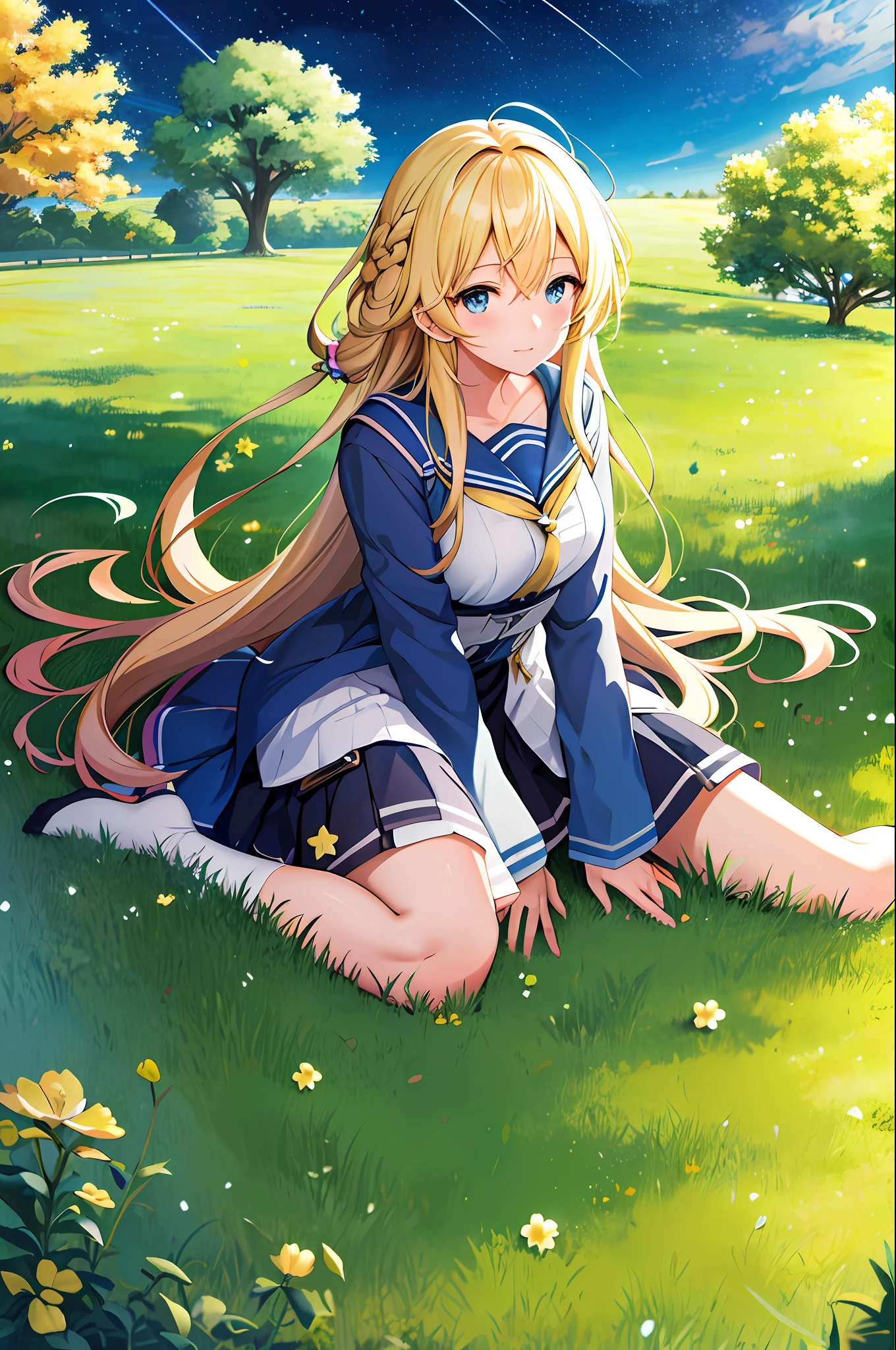 anime girl sitting on grass with stars in the sky, light novel cover art, anime visual of a cute girl, beautiful anime high school girl, epic light novel art cover, blonde anime girl with long hair, smooth anime cg art, beautiful anime girl, epic light novel cover art, young anime girl, official artwork, anime moe artstyle, anime best girl