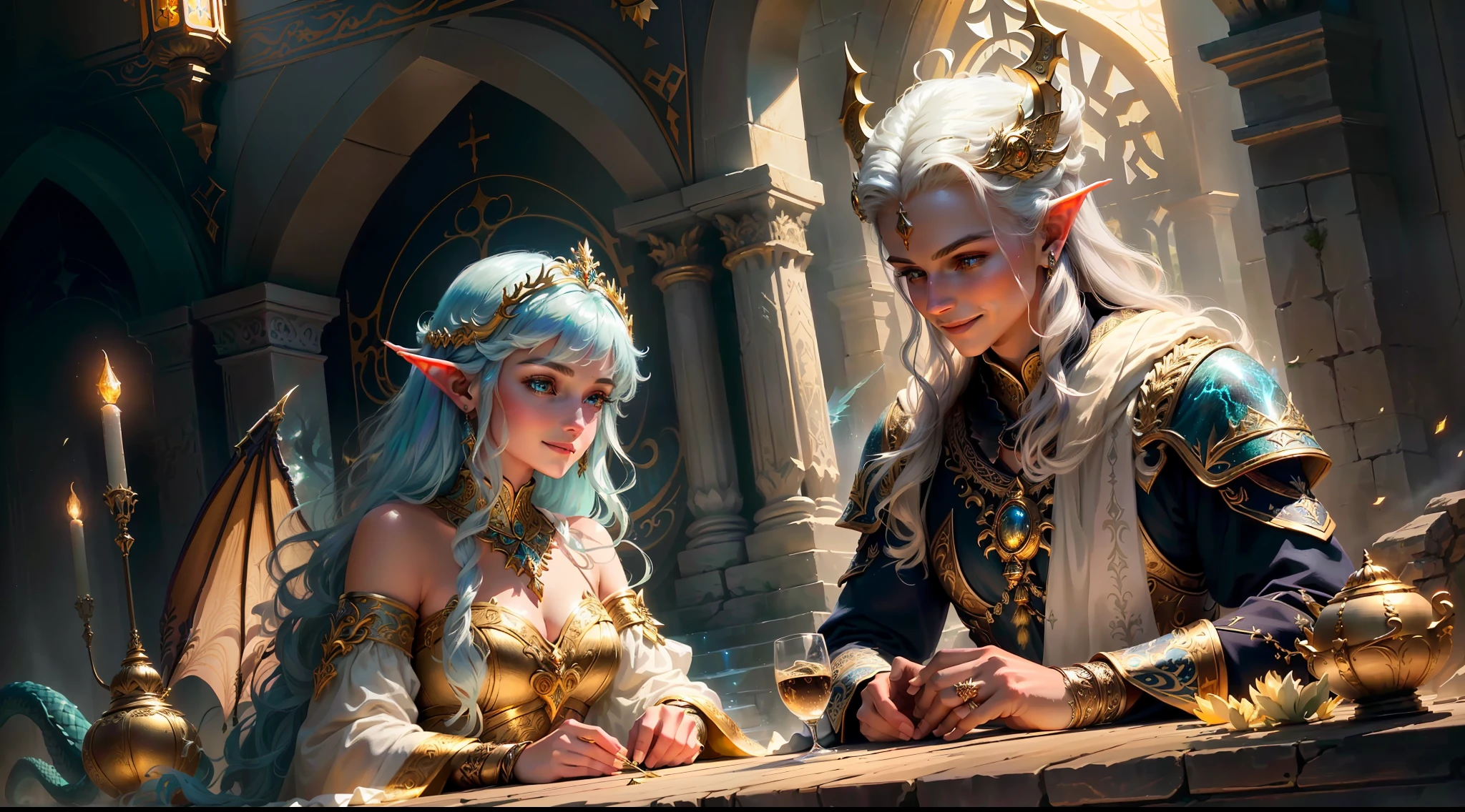 best quality, masterpiece, masterpiece portrait, intricate details, epic light, fantasy, dragons and dungeons, retro, priest, dark elf, 1 girl,2 boys, wooden table, tavern, gray skin, elegant smile, strabismus, close-up portrait of a Mycenaean woman doll with gold jewelry, spider: 0.9, net: 1.0, fantasy, volumetric lighting, concept art, brush stroke style, art station, trend, very detailed, art by Greg Rutkowsk, Amidst a realm of enchantment and mythical wonders, fantasy setting, magical creatures, ethereal beauty, majestic landscapes, shimmering forests, cascading waterfalls, ancient ruins, radiant sunlight, mystical atmosphere, vibrant colors, mystical beings, mythical creatures, fairies, unicorns, dragons, celestial skies, floating islands, hidden realms, whimsical architecture, spellbinding charm, sparkling crystals, gentle breeze, captivating aurora, wisps of magic, ethereal glow, awe-inspiring vistas