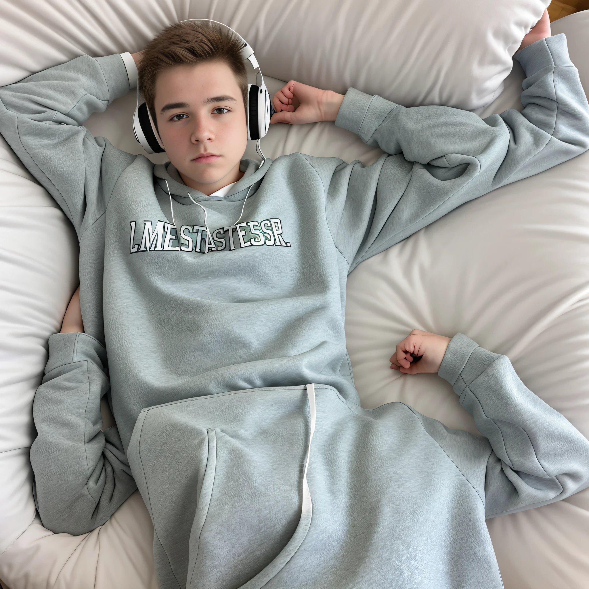 Masterpiece, best quality, ultra detailed, sfw, , 18 year old white boy lying in bed wearing headphones, , ((sweat)), sweatshirt, full body shot, front view,