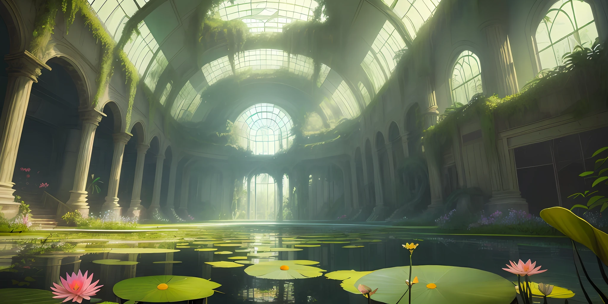 Large abandoned fantasy mall, grass with small wildflowers, small lake with water lilies with flowers, glass ceiling, trees, vines, orchids, bromeliads, palm trees, ornaments, golden, many plants, tropical plants, marble walls, dynamic light, 8K, masterpiece, ultra detailed, beautiful.
