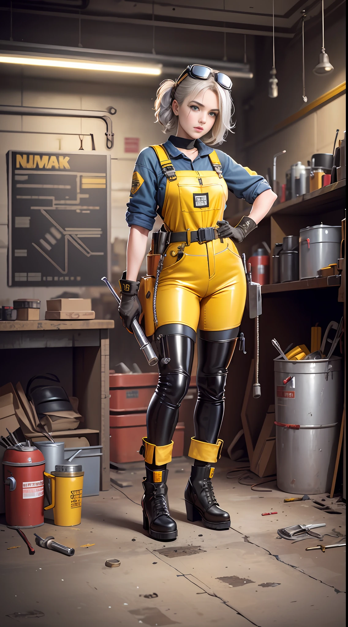Masterpiece, high quality, super detailed, illustration, a pretty girl, shiny, reflective, latex, yellow overalls, body, work shoes, industrial, high heels, black, red, silver, metallic, gloves, goggles, equipment, machinery, tools, sparks, pipes, instruments, meters, saws, hammers, screwdrivers, wrenches, pliers, wrenches, toolboxes, fire extinguishers, first aid kits, ventilation, pipes, lights, warning signs, posters, calendars, coffee cups, workbenches, storage boxes, safety vests, concrete floors, Concrete walls, metal beams, industrial fashion, sci-fi, cyberpunk, dystopia