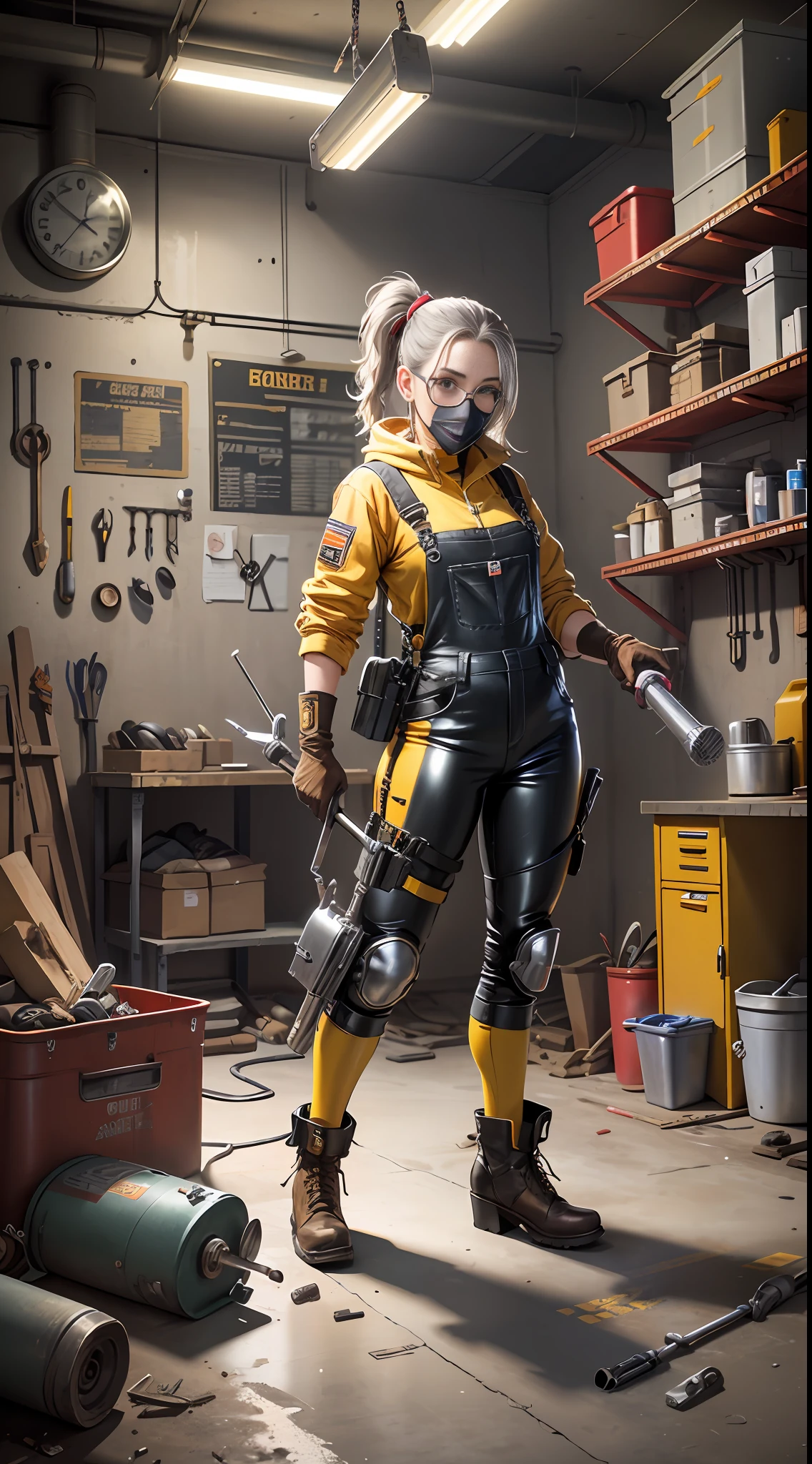 Masterpiece, high quality, super detailed, illustration, a pretty girl, shiny, reflective, latex, yellow overalls, body, work shoes, industrial, high heels, black, red, silver, metallic, gloves, goggles, equipment, machinery, tools, sparks, pipes, instruments, meters, saws, hammers, screwdrivers, wrenches, pliers, wrenches, toolboxes, fire extinguishers, first aid kits, ventilation, pipes, lights, warning signs, posters, calendars, coffee cups, workbenches, storage boxes, safety vests, concrete floors, Concrete walls, metal beams, industrial fashion, sci-fi, cyberpunk, dystopia